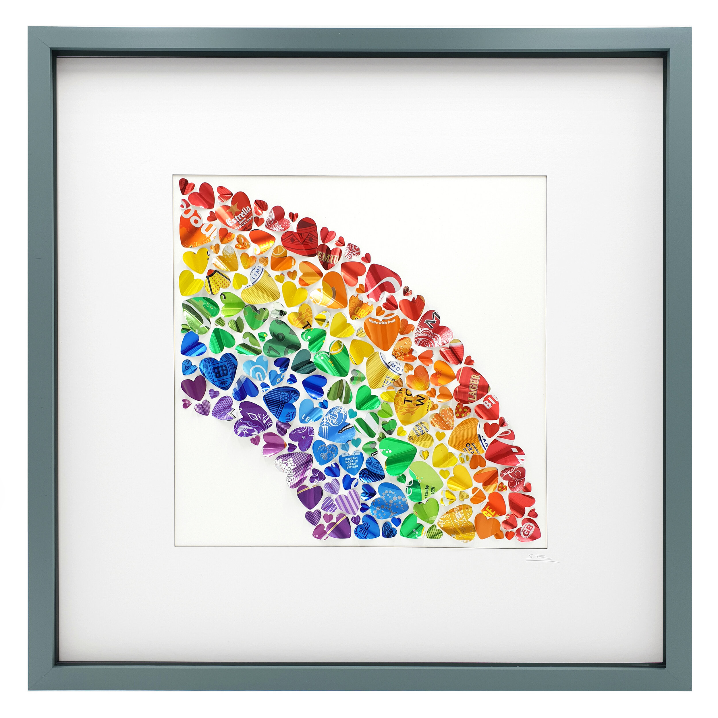 Over the Rainbow upcycled colourful heart pattern grey frame 
