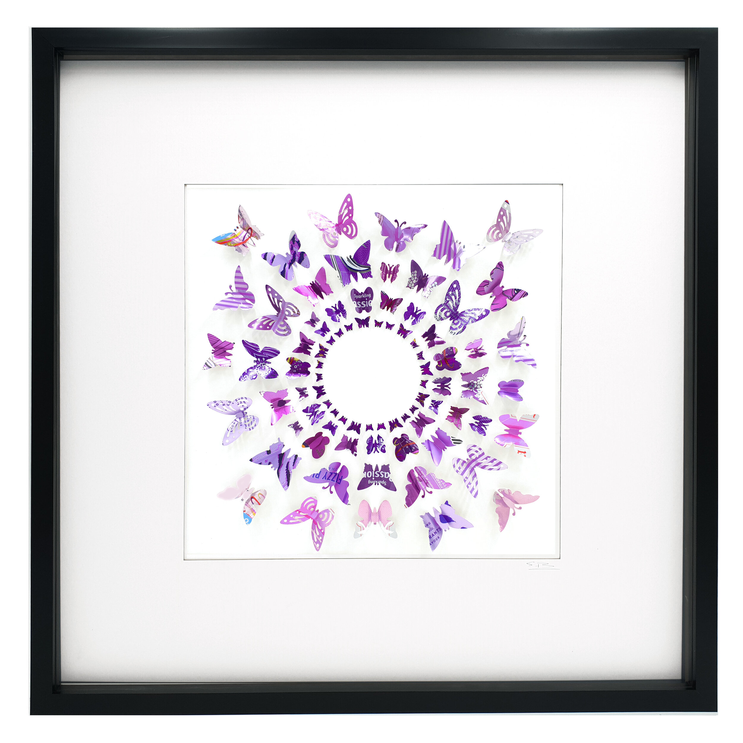 Purple Butterfly Circle upcycled tin can eco wall art black frame