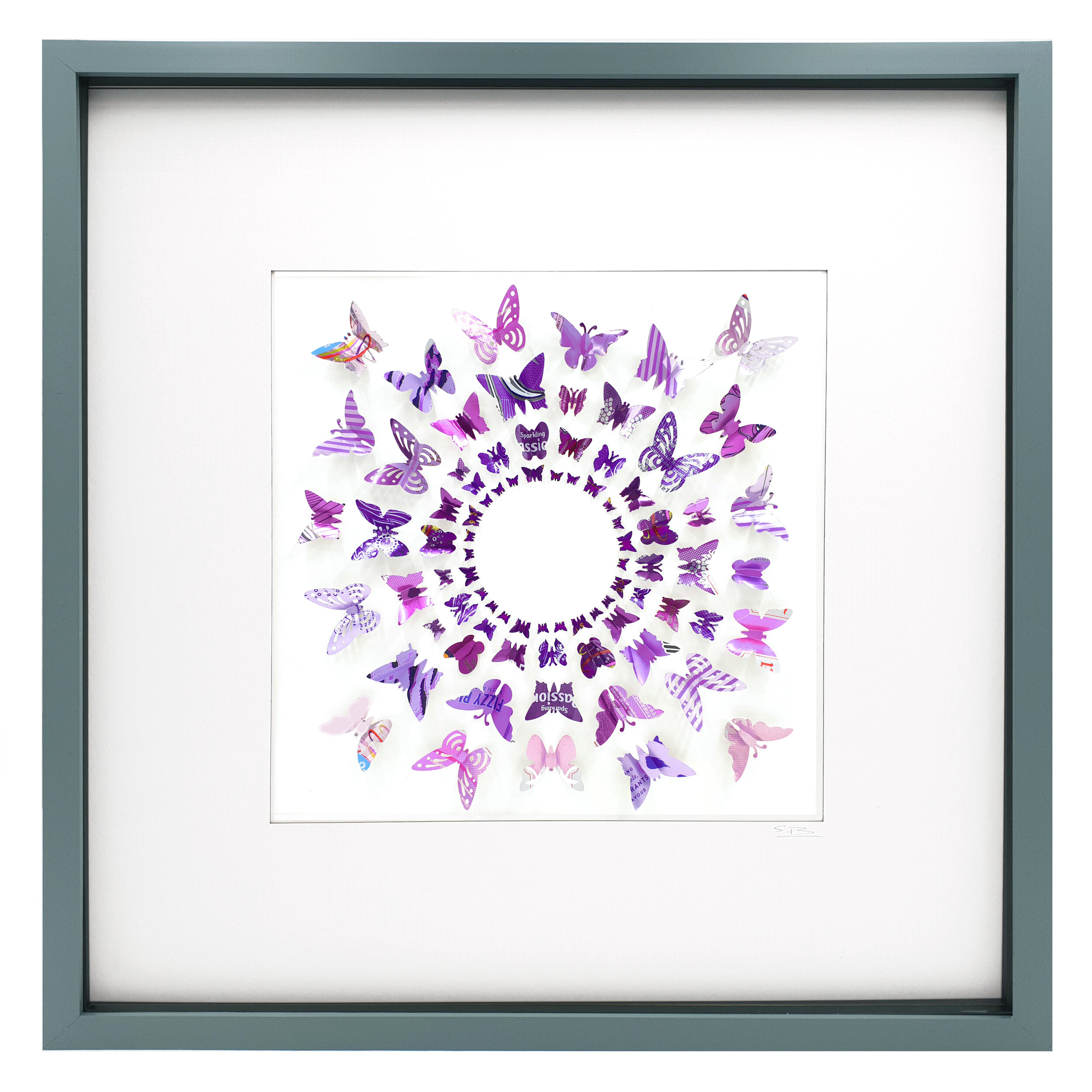 Purple Butterfly Circle upcycled tin can eco wall art grey frame 
