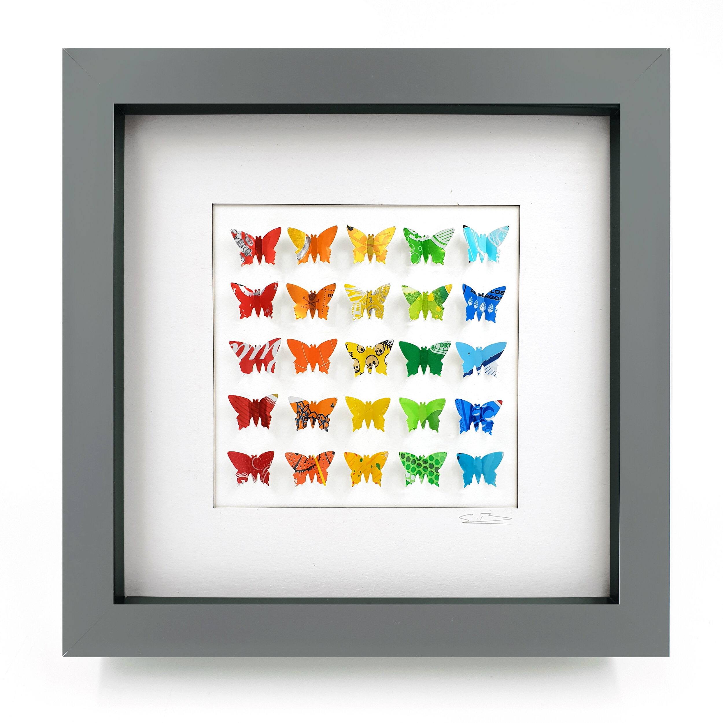 Classic Rainbow Butterflies tin can upcycled gift for her grey frame