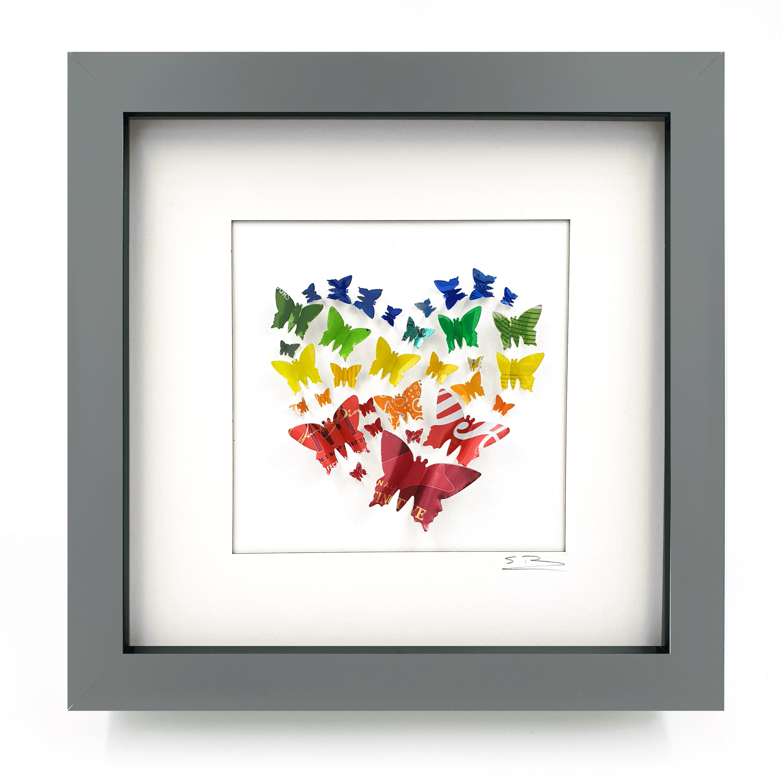 Rainbow Butterfly Heart tin can framed art grey frame 