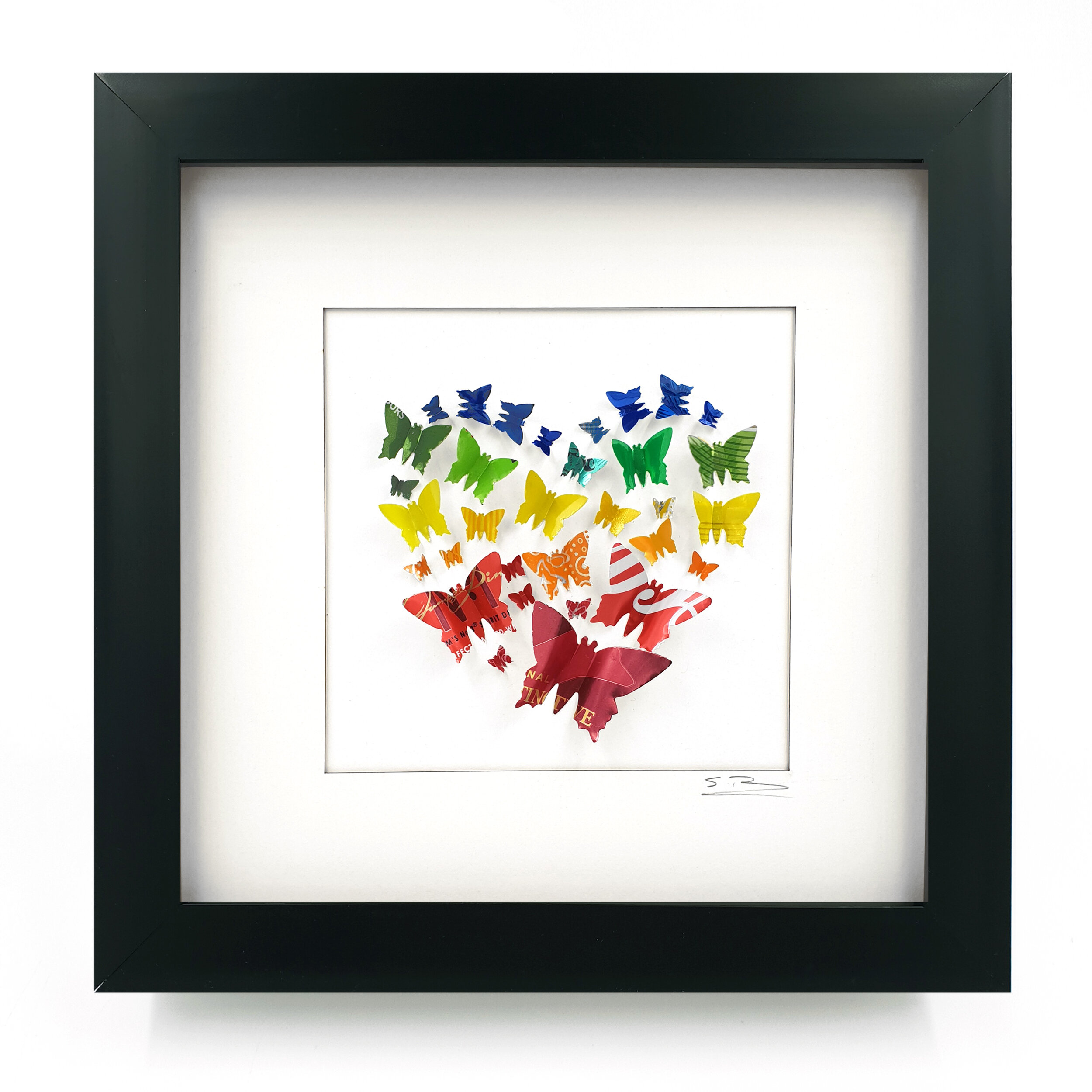 Rainbow Butterfly Heart tin can frame art black frame 