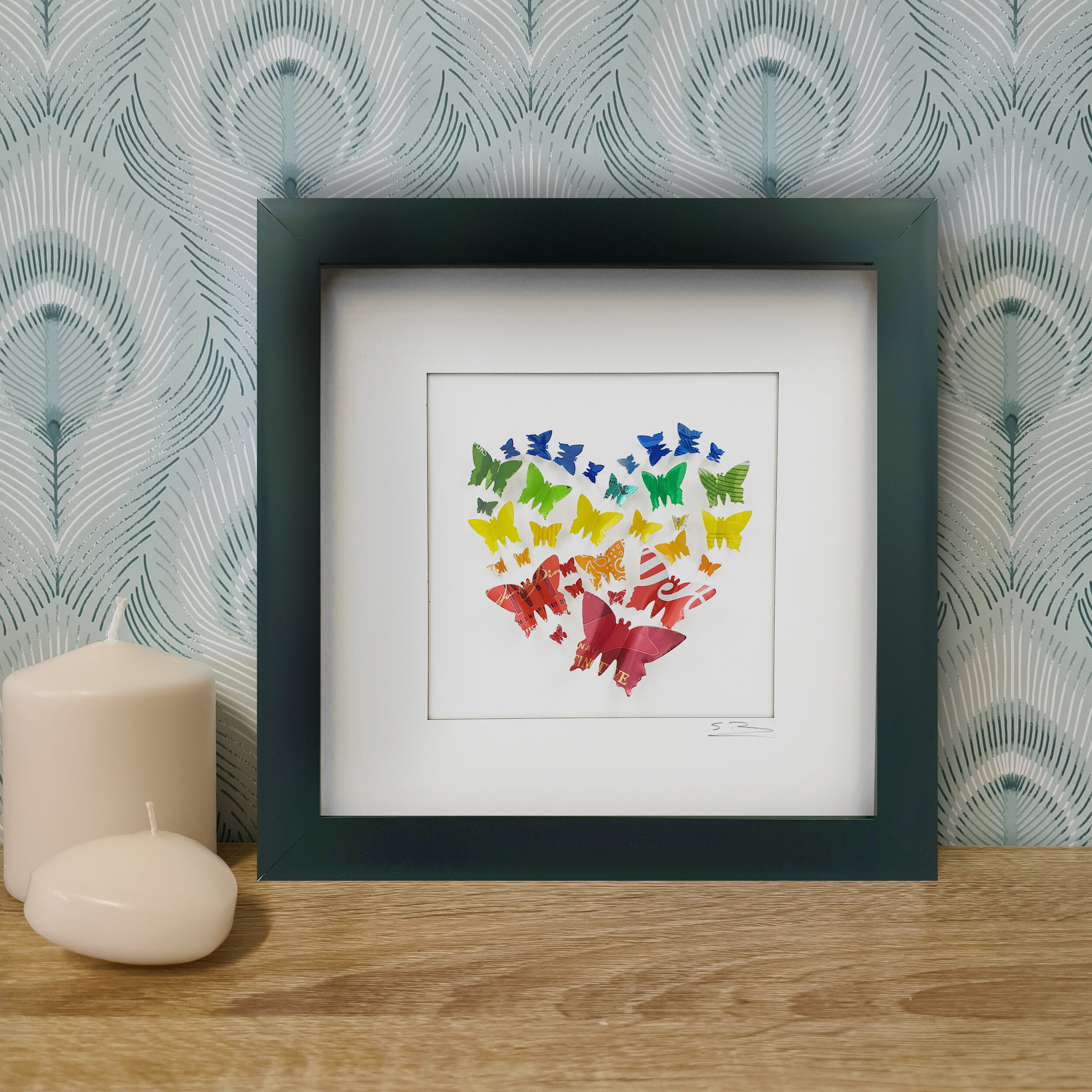 Rainbow Butterfly Heart tin can framed art 