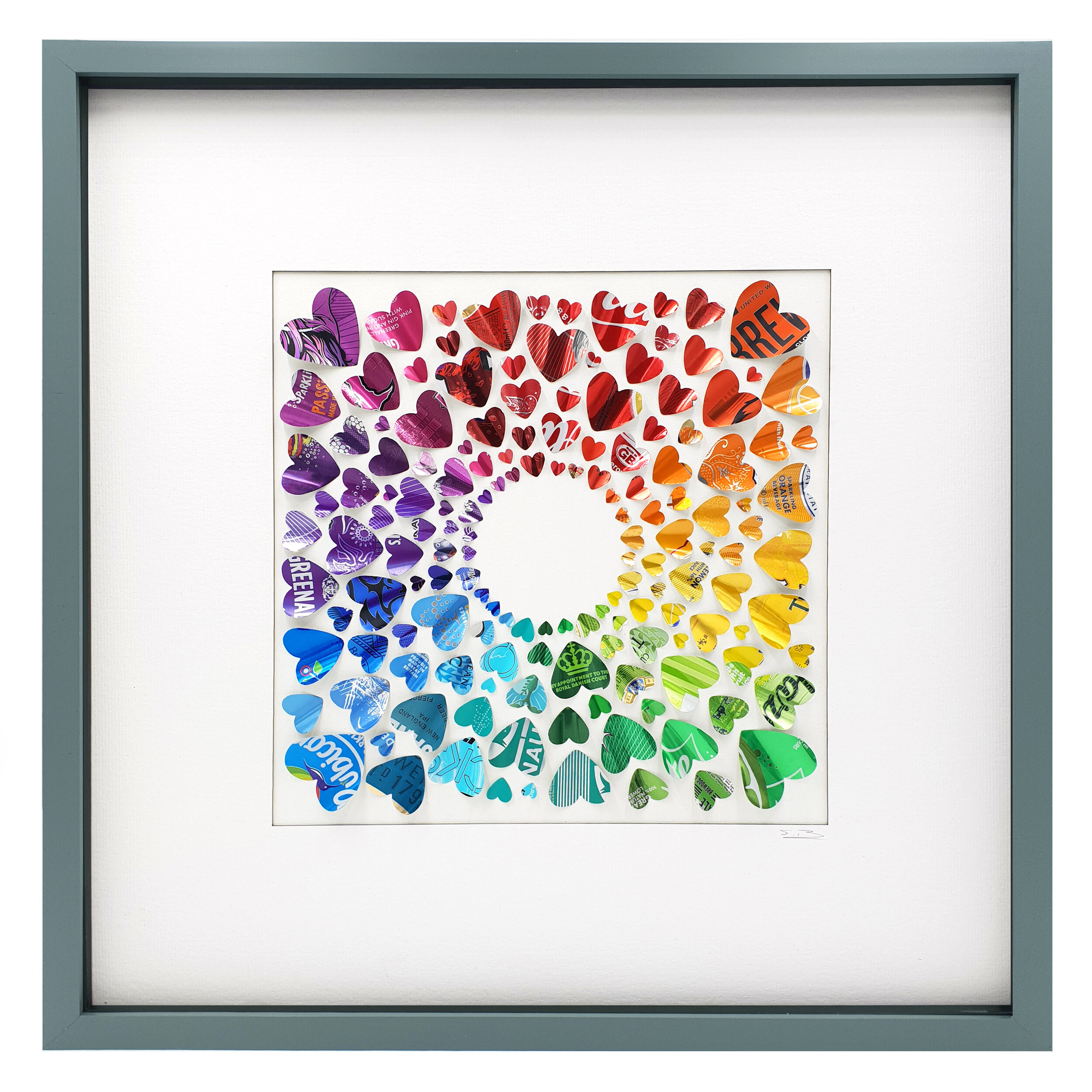 Rainbow Hearts Circle colourful eco art grey frame