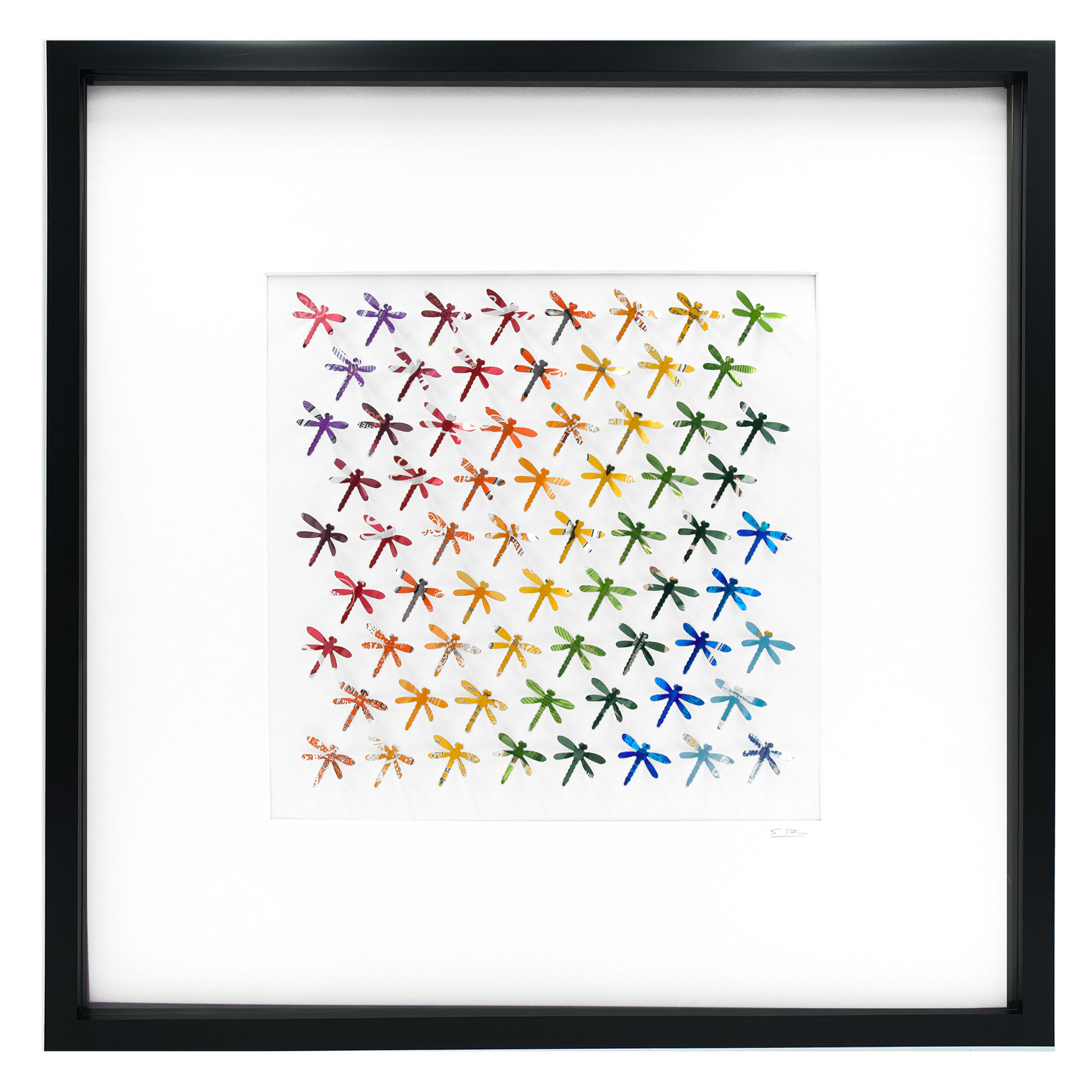 Rainbow Dragonflies 3D colourful gradient pattern black frame