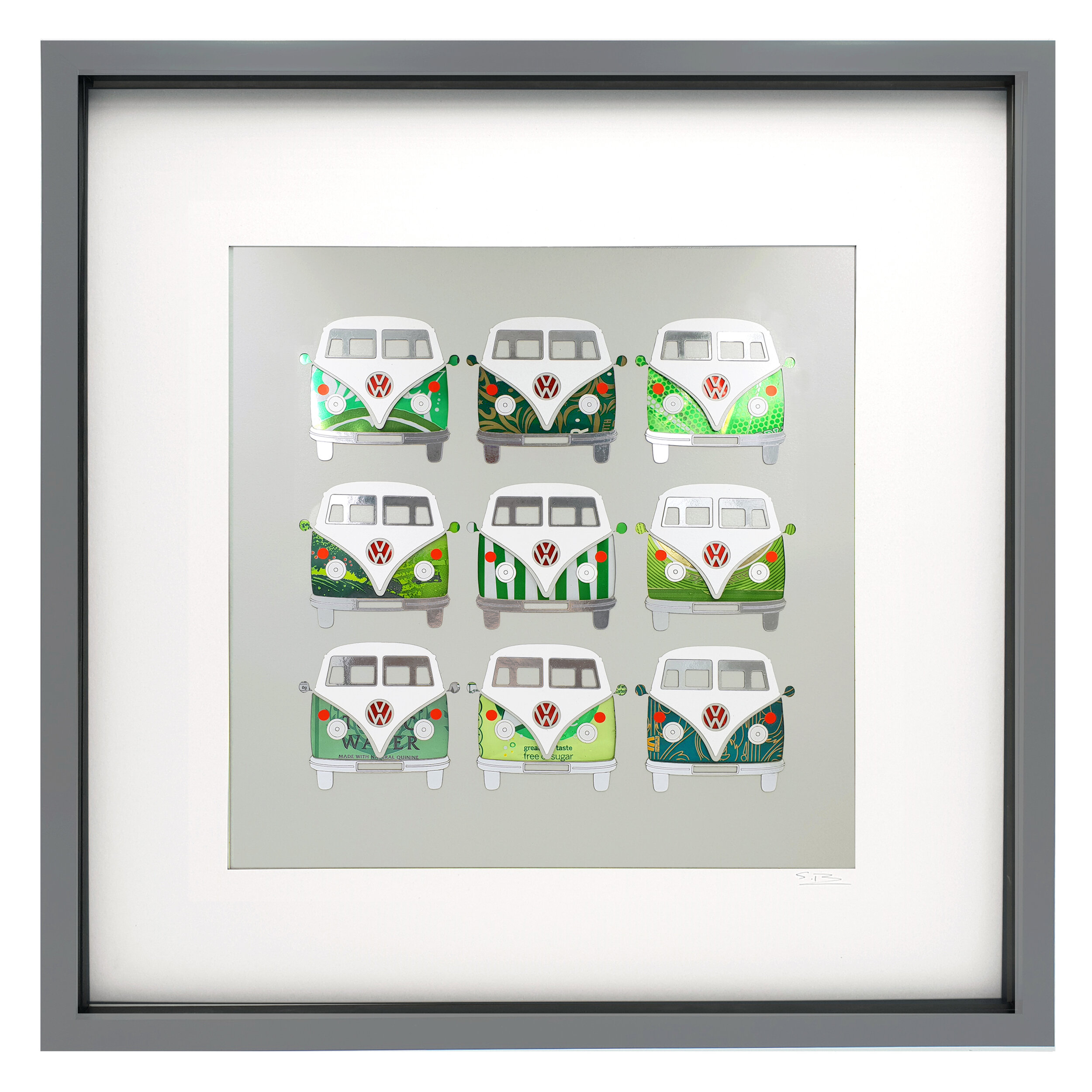 Retro Green VW Campers eco art sustainable living grey frame 