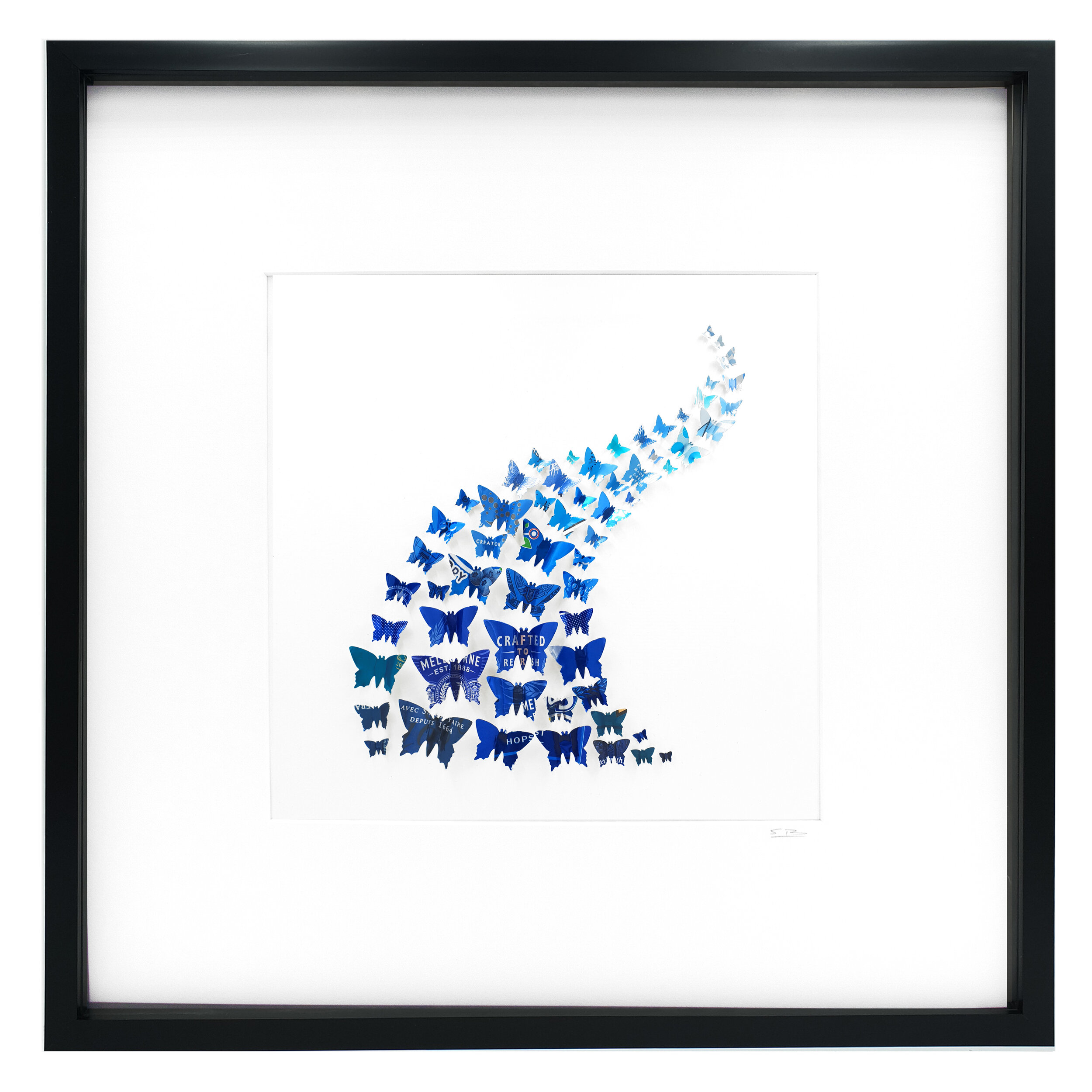 Blue Swoosh made from upcycled can wall art black frame