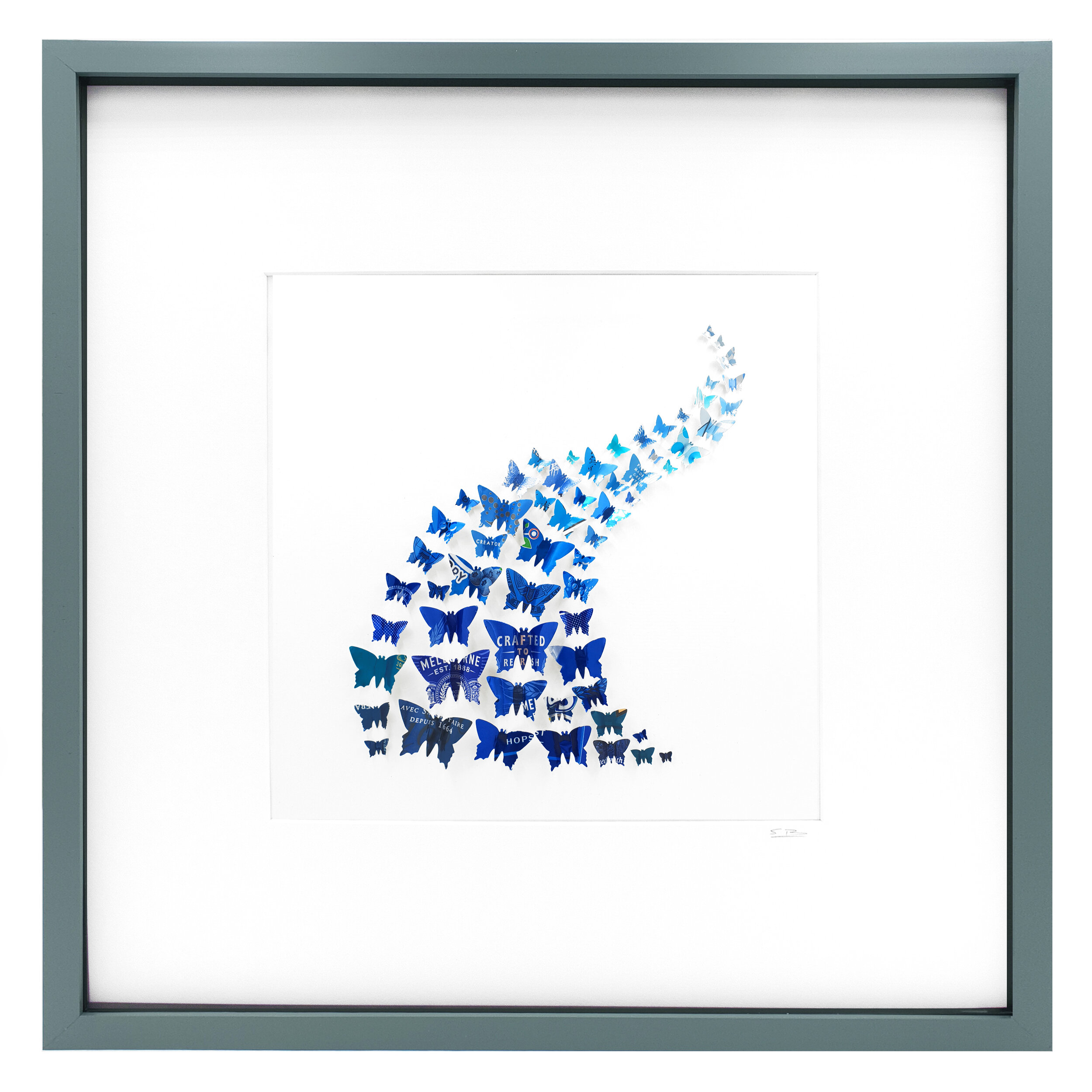 Blue Swoosh made from upcycled can wall art grey frame 