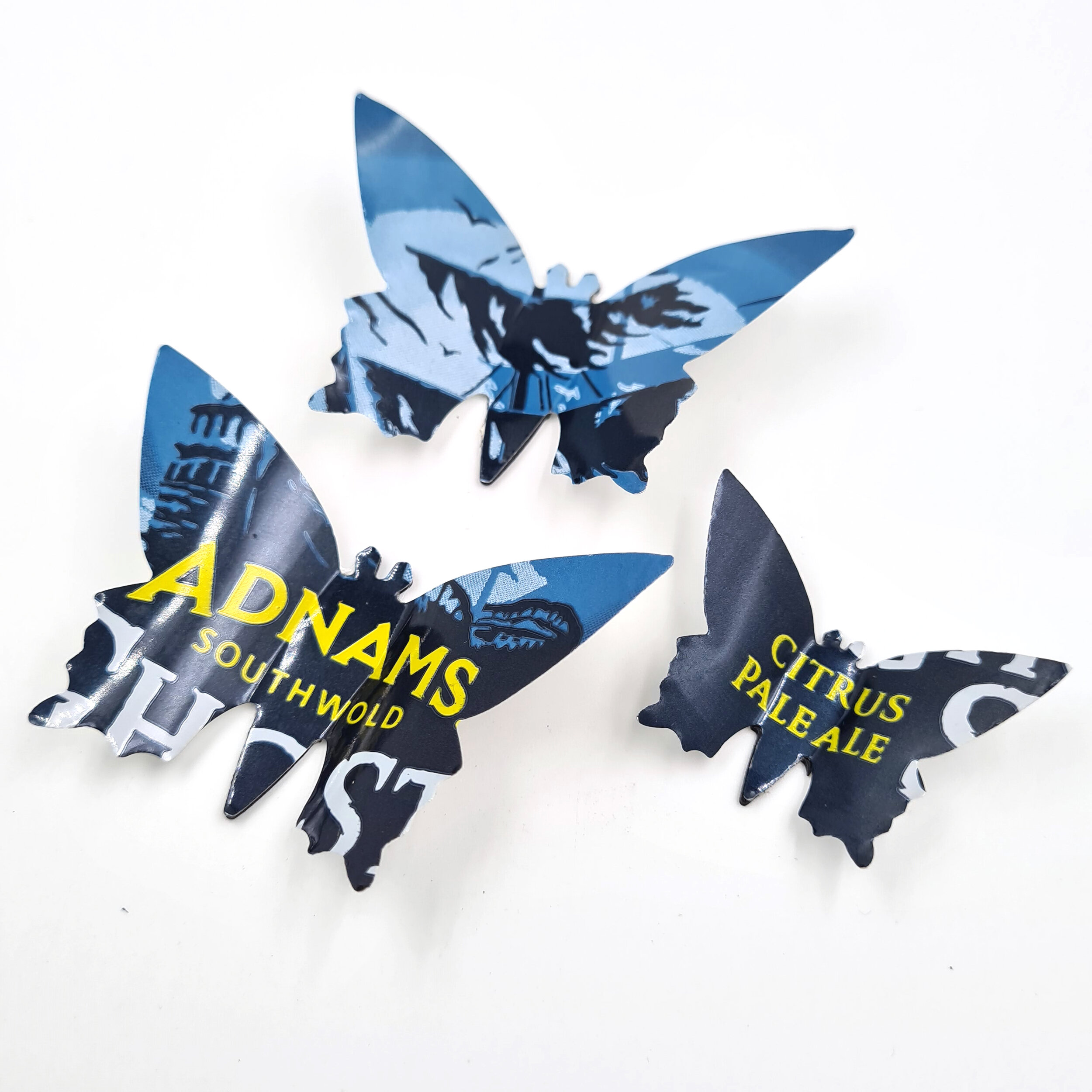 Three Adnams blue and yellow creative Butterfly Can Magnets