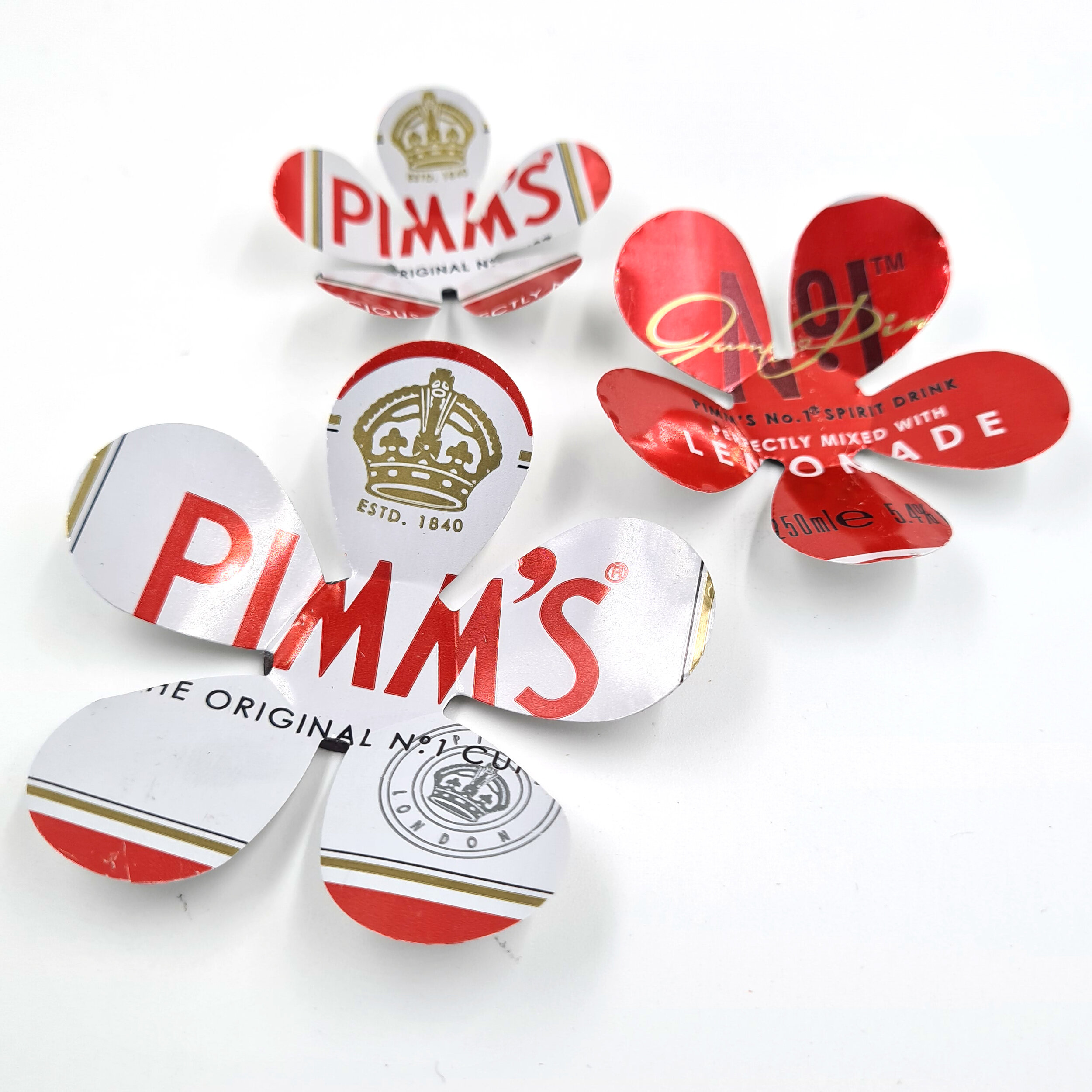 Three Pimm's red and white sustainable tin Can Flower Magnets 
