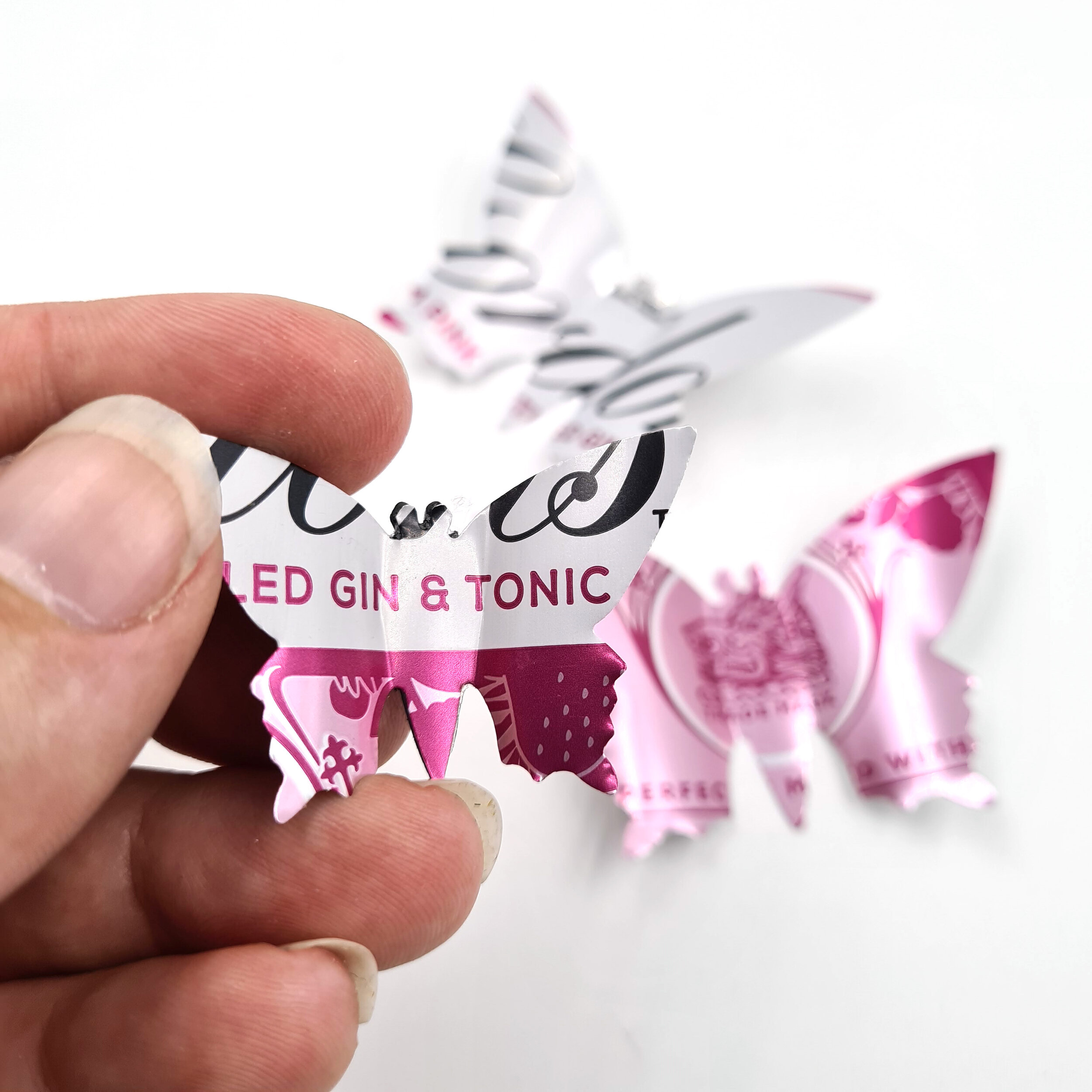 Pink and white sustainable 3D Gin Butterfly Can Magnets 