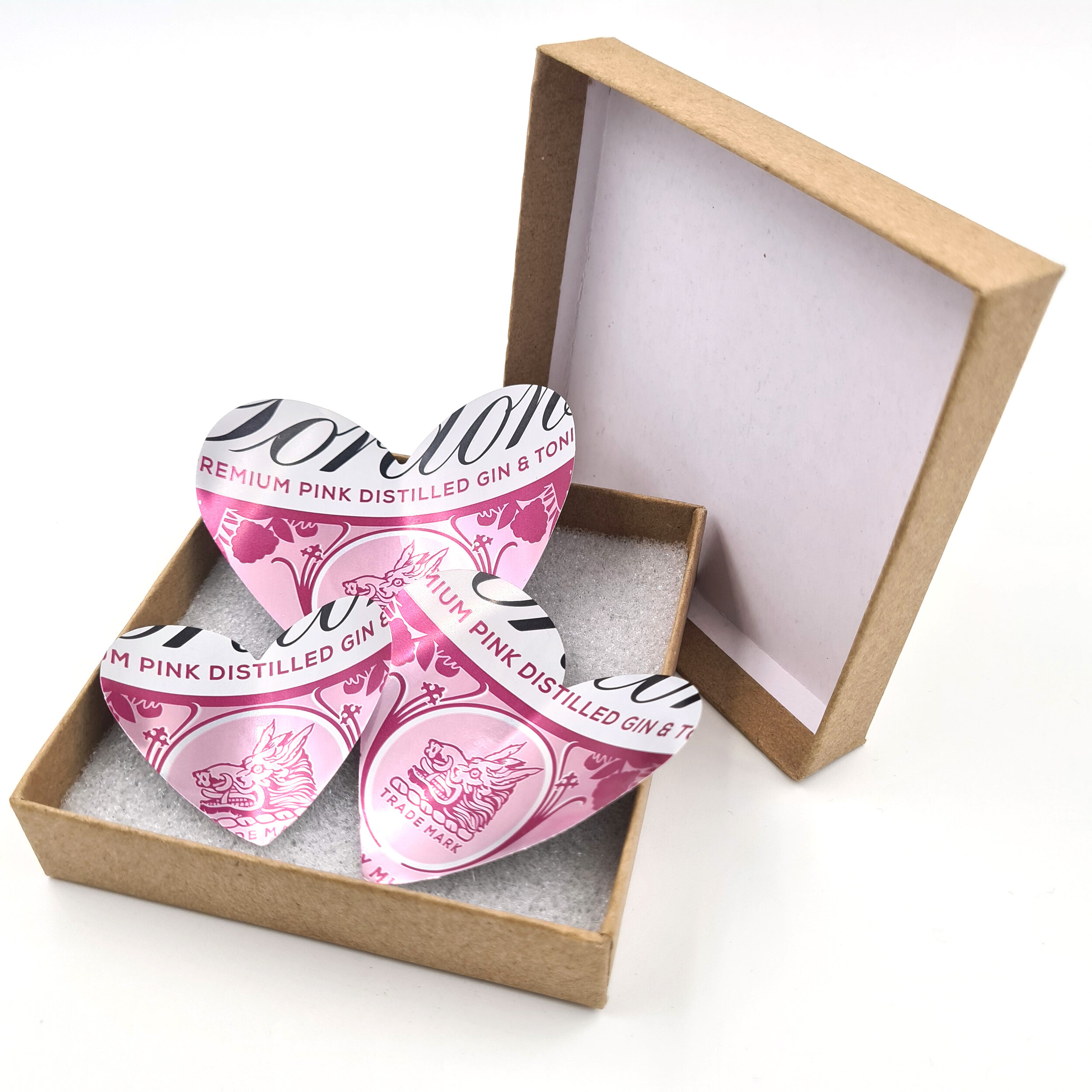Three Pink and white Gin Heart Can Magnets in box