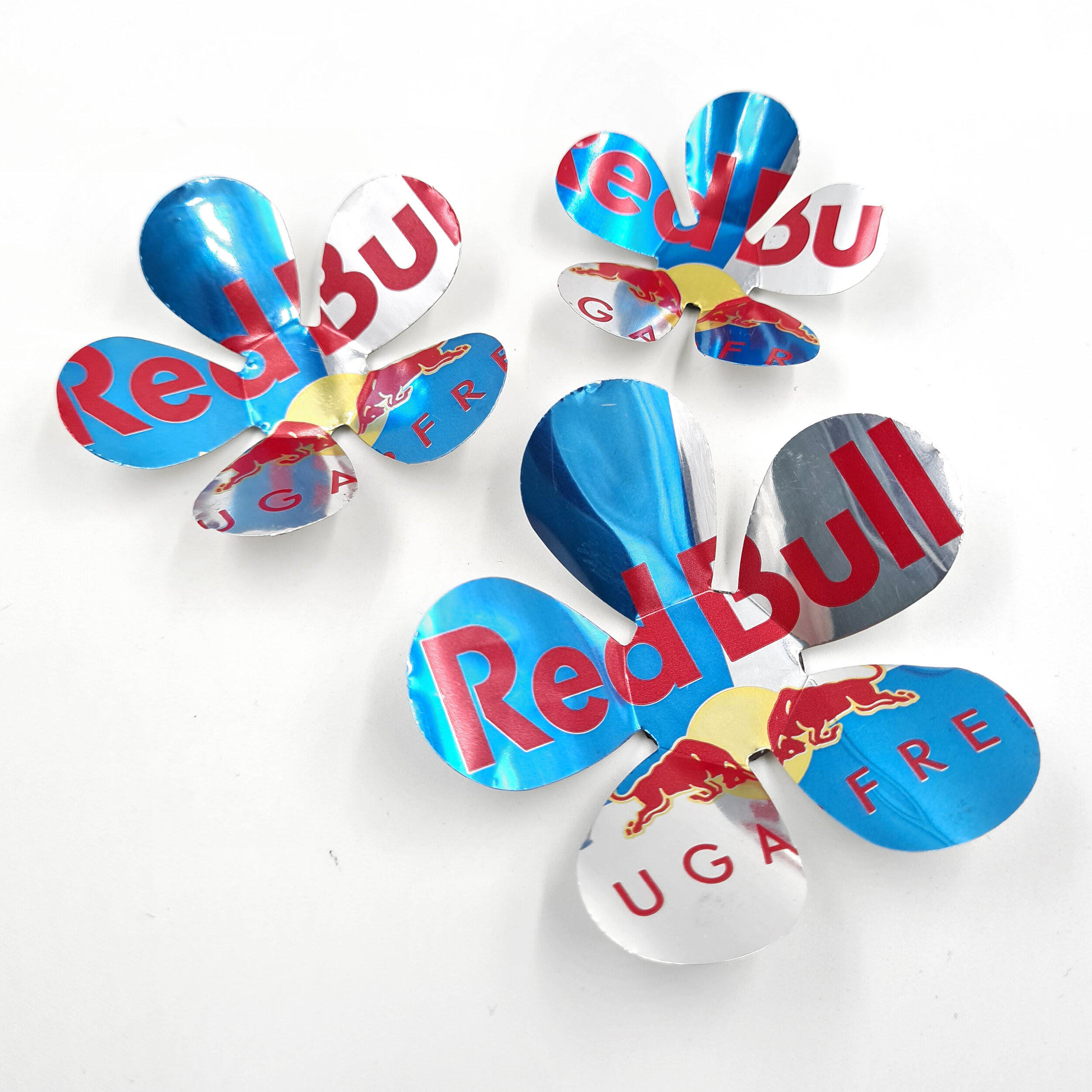 Vibrant blue Redbull Sugar Free upcycled Can Flower Magnets 