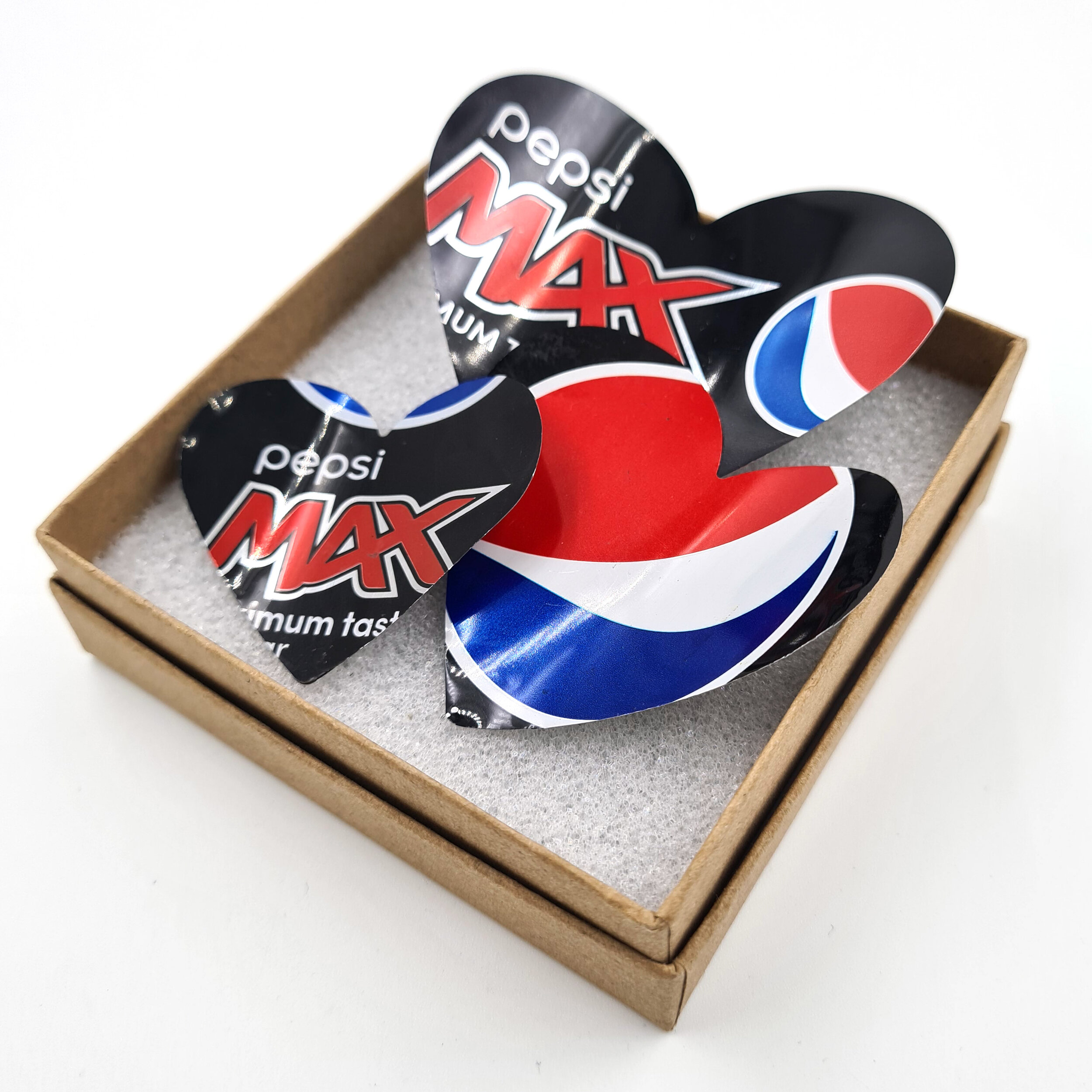 Creative hand made Pepsi Max Heart Can Magnets in sustainable box 