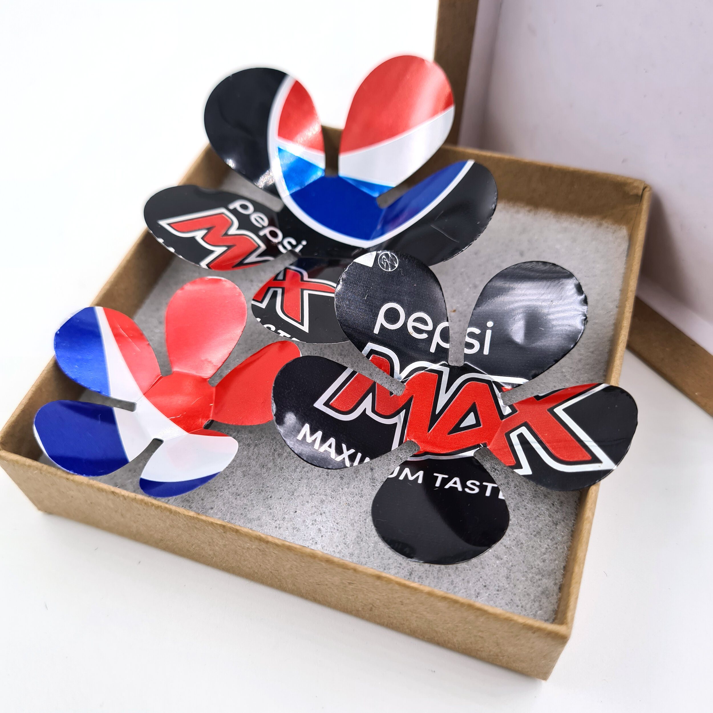 Red and blue creative eco design Pepsi Max Can Flower Magnets in sustainable box 
