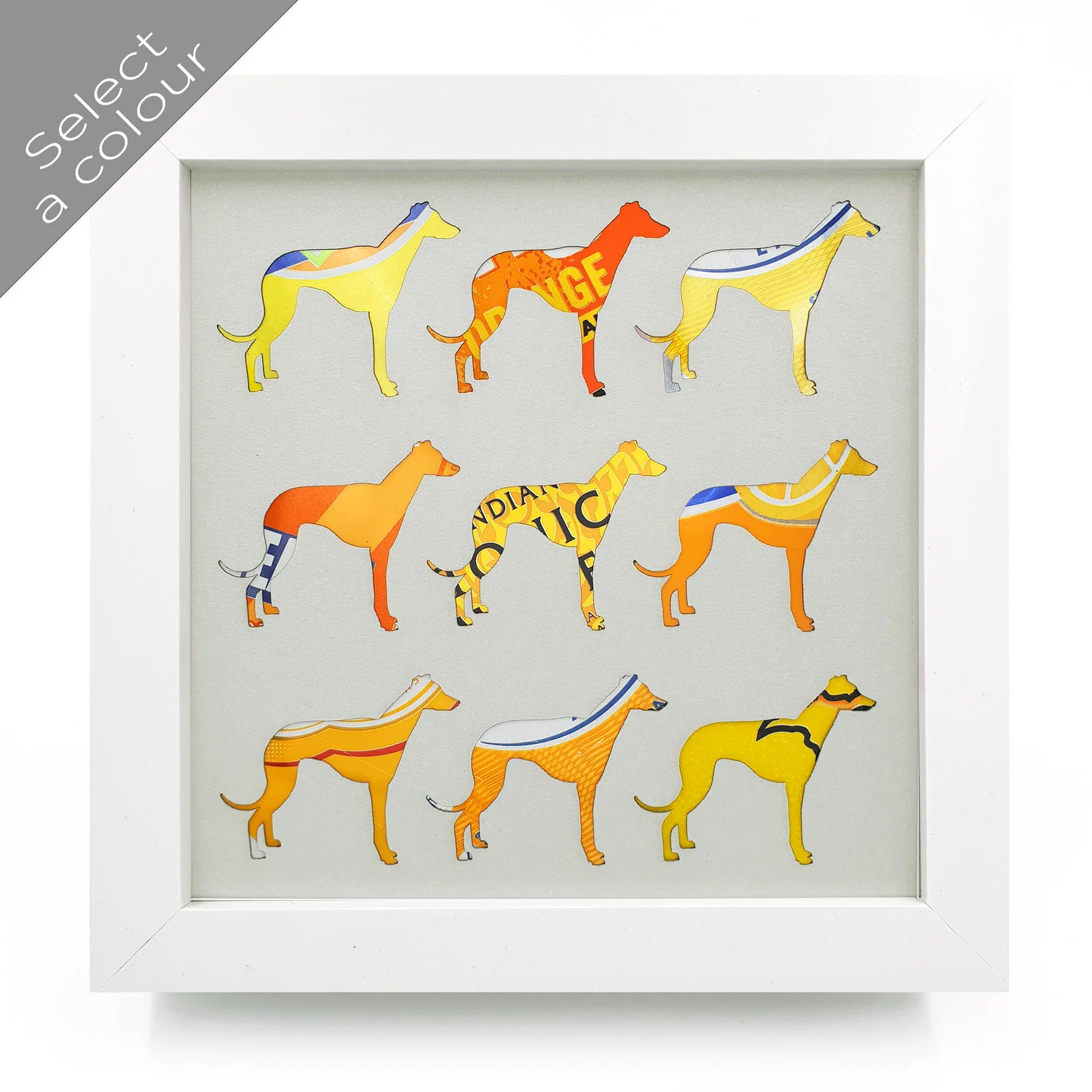 Greyhound vibrant upcycled can design — Sarah Turner Eco Art Design
