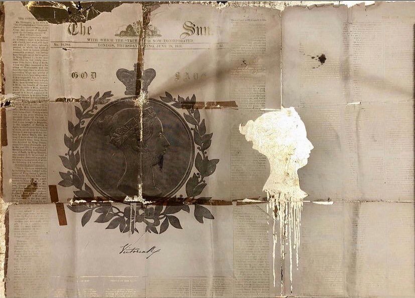 Drawings for Love, Death and Politics. #64 SEDITION. 1887 newspaper, gold leaf, 50 x 70cm.