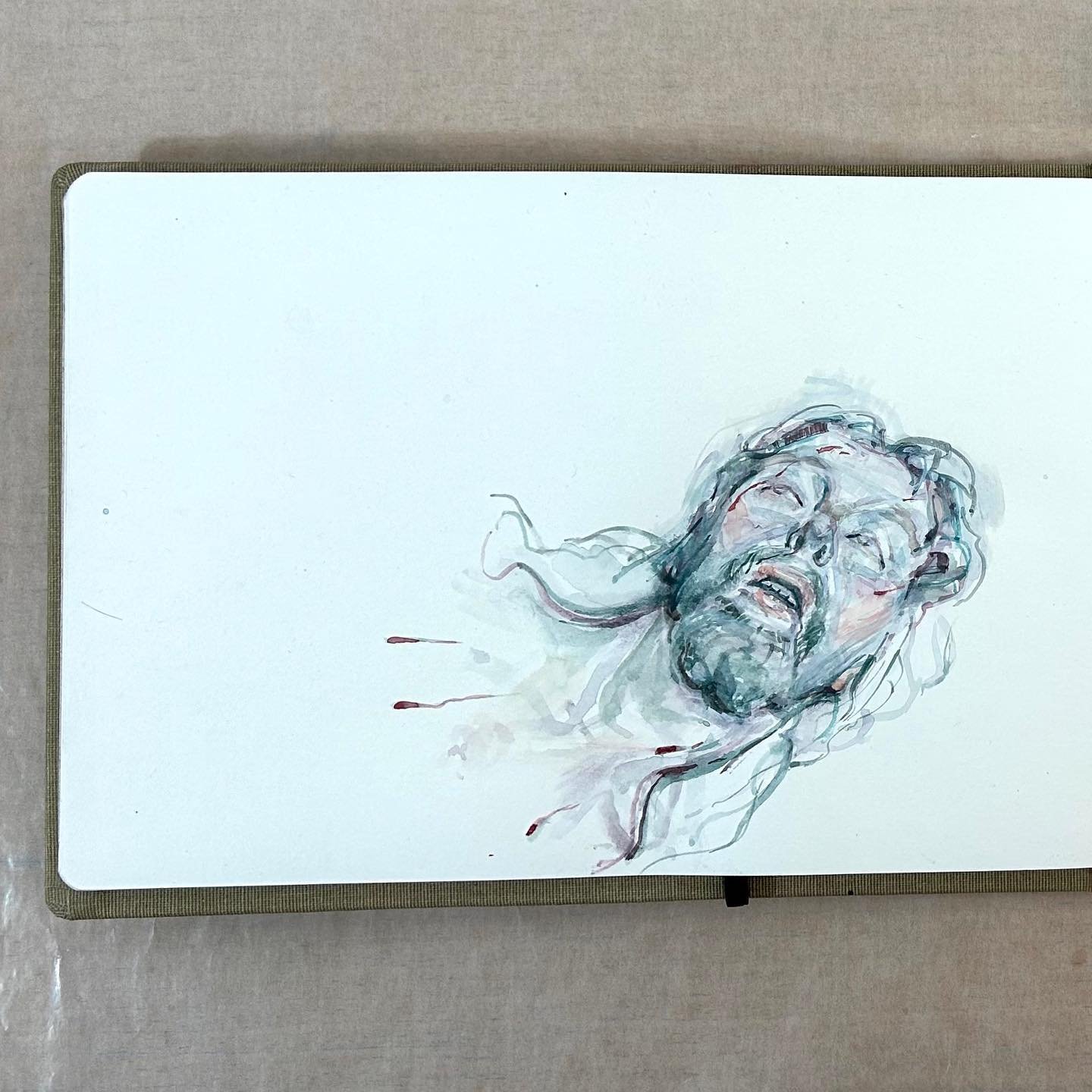Krem&rsquo;s sketchbook. Sketch from the Stations of the Cross polychrome sculpture in the external niches at the Piarist Church of Our Lady, Krems; &lsquo;kriek&rsquo; sketch: copy after Jerome Witkin; study after Renate Bertlmann for &lsquo;Black-E