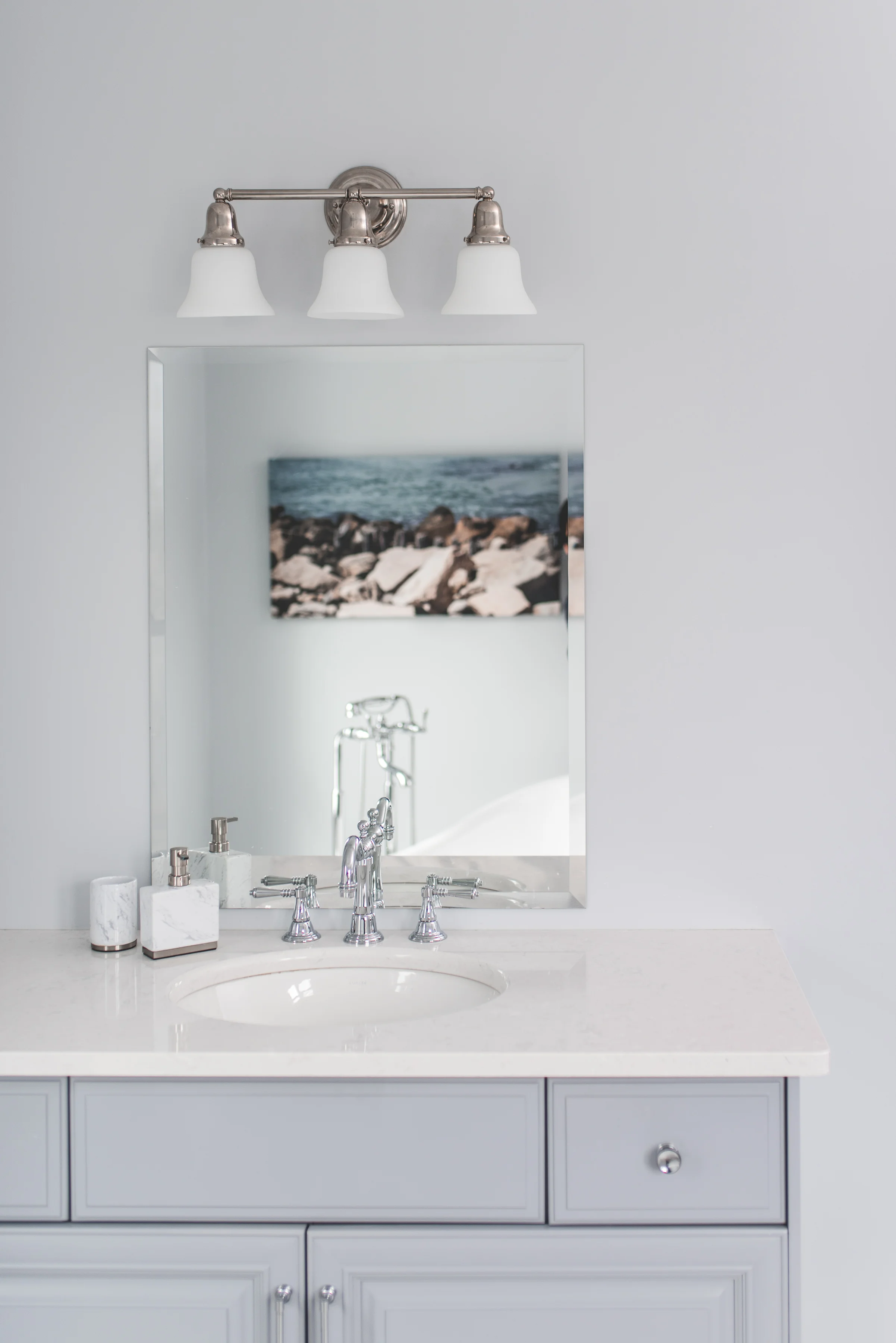 TASK BATHROOM SCONCE, IN POLISHED NICKEL, ILLUMINATE THIS VANITY. (Wall sconces by Hundson Valley Lighting Group @hvlgroup.com)
