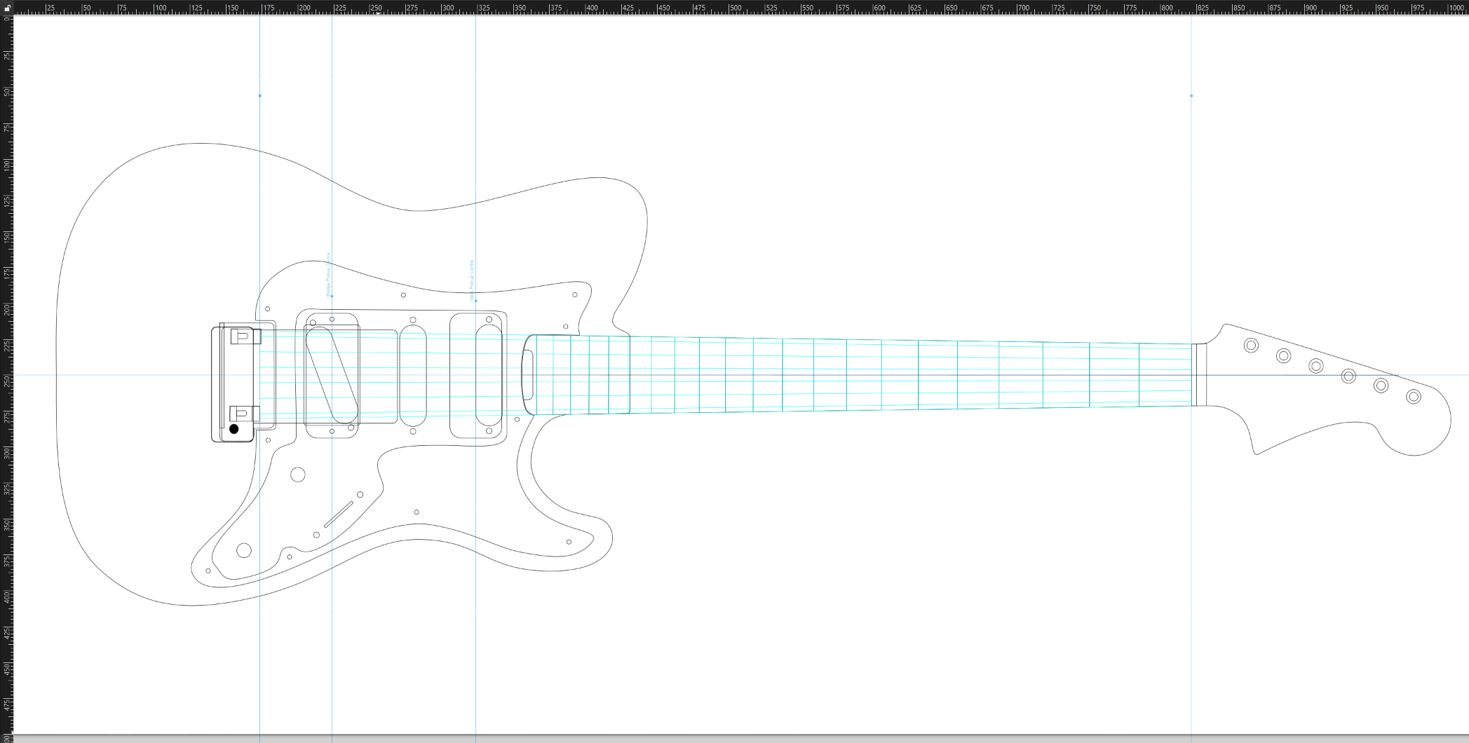A digital blueprint sketch of an electric guitar, showing its outline, body, neck, headstock, and various inner components.