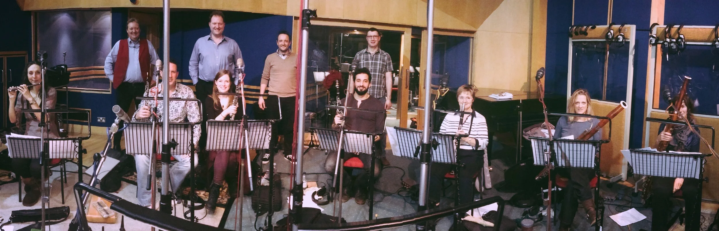 The Wondrous Woodwind department of the English Session Orchestra in Abbey Road Studio 3, with (back row) Andrew Sunnucks (Audio Network founder) and Julian Gallant (conductor)