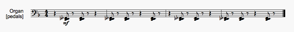 The organist has to play a cluster of deep bass notes on the pedals, using feet.