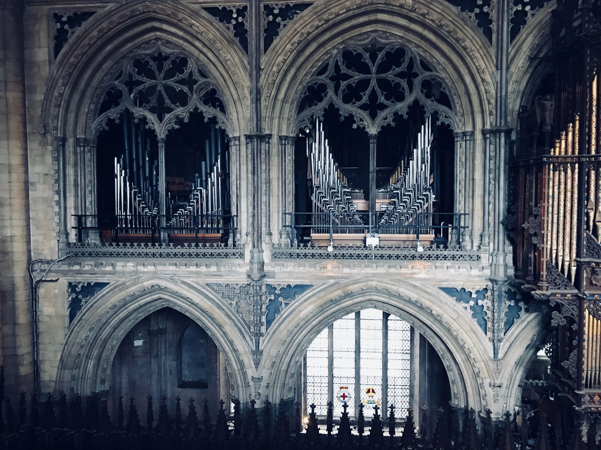 The pipes of the organ at Ely Cathedral are housed in different galleries within the building