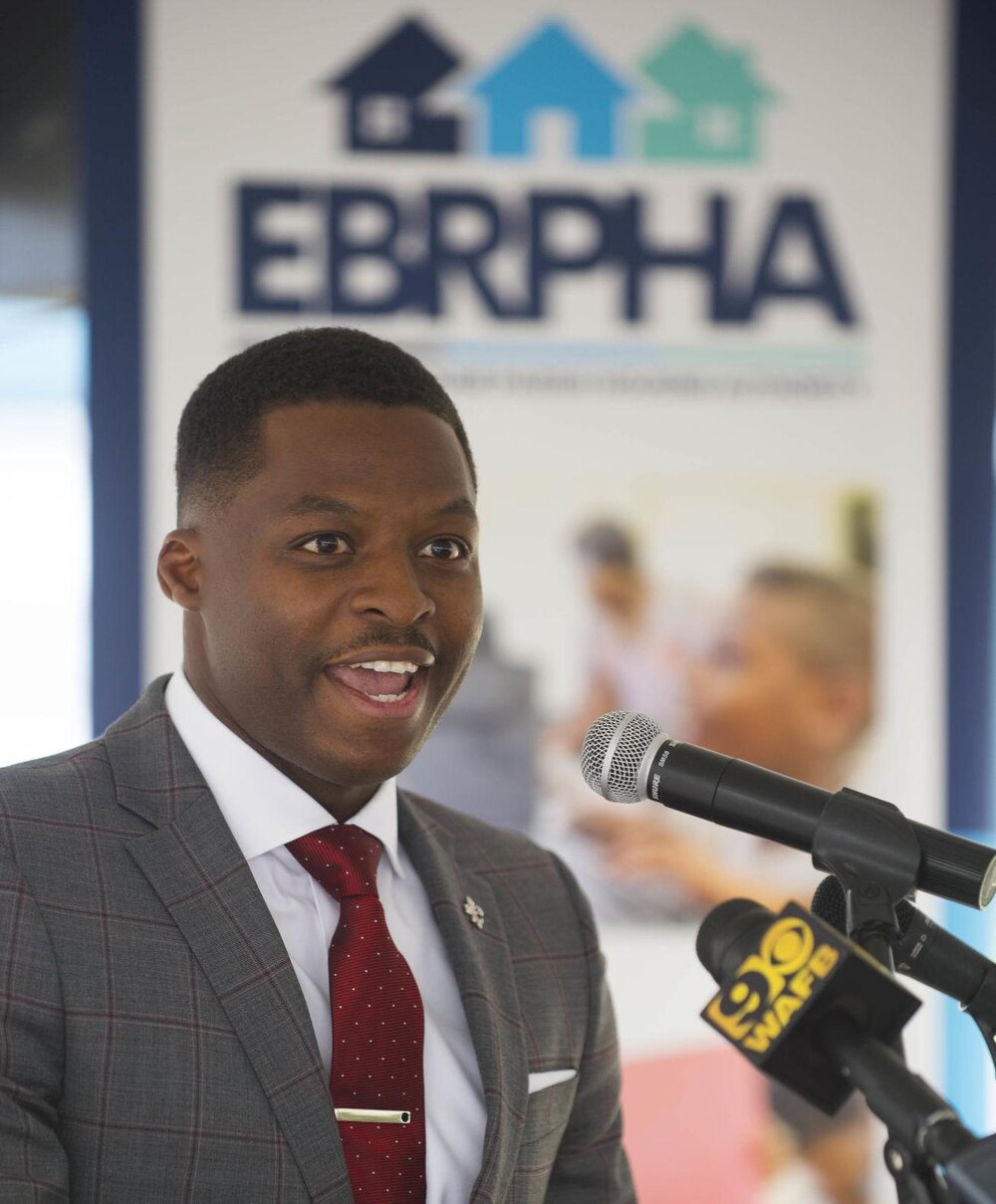  East Baton Rouge Parish Housing Authority CEO J. Wesley Daniels speaks at a gathering to celebrate the $29.5 million U.S. Dept. of Housing and Urban Development (HUD) Choice Neighborhoods Implementation Grant to East Baton Rouge Parish Housing Autho