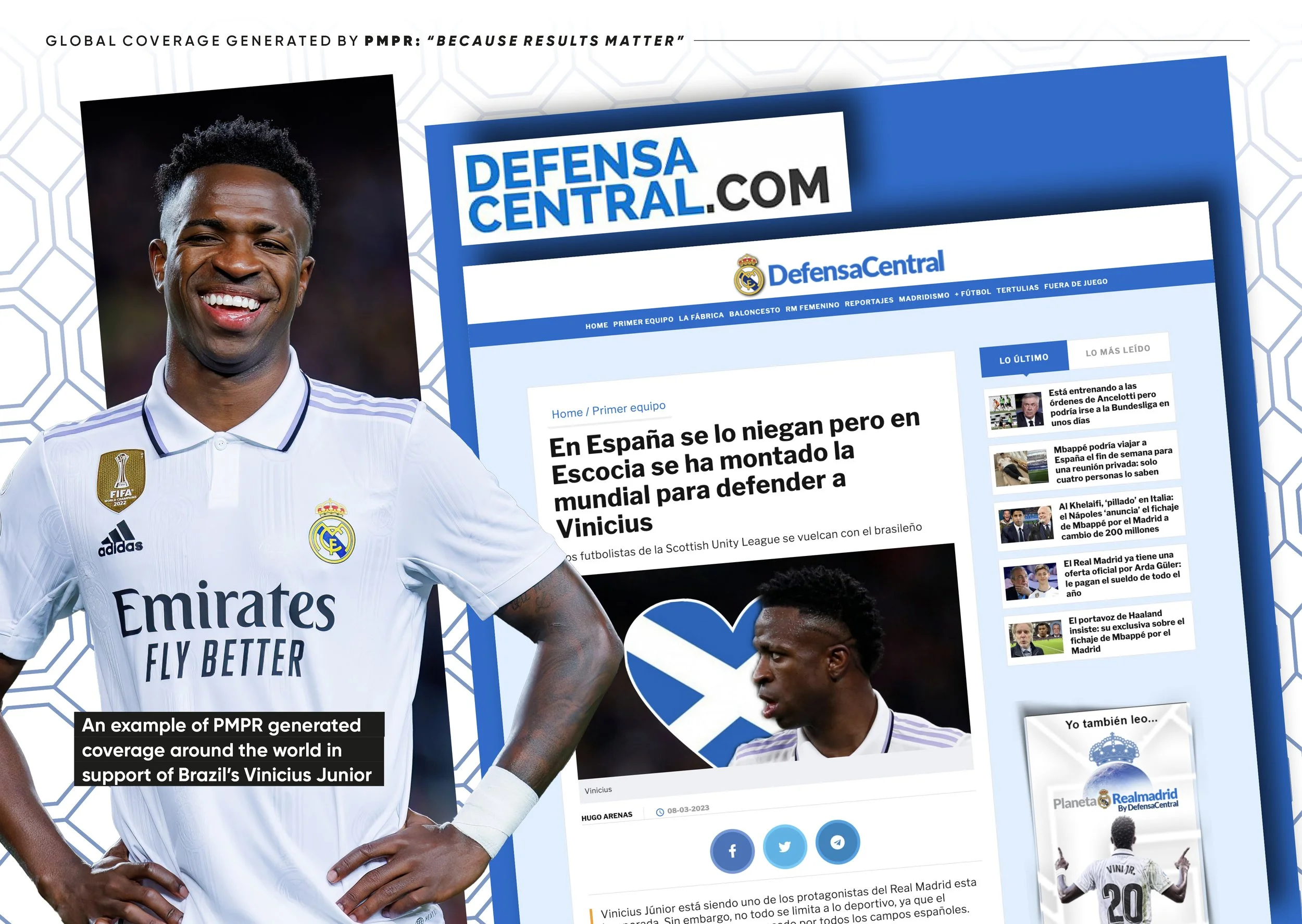 A smiling male soccer player in a white Real Madrid jersey, standing next to a screenshot of a sports news website, Defensacentral.com, which features headlines and articles about soccer, including one about Vinicius Junior.
