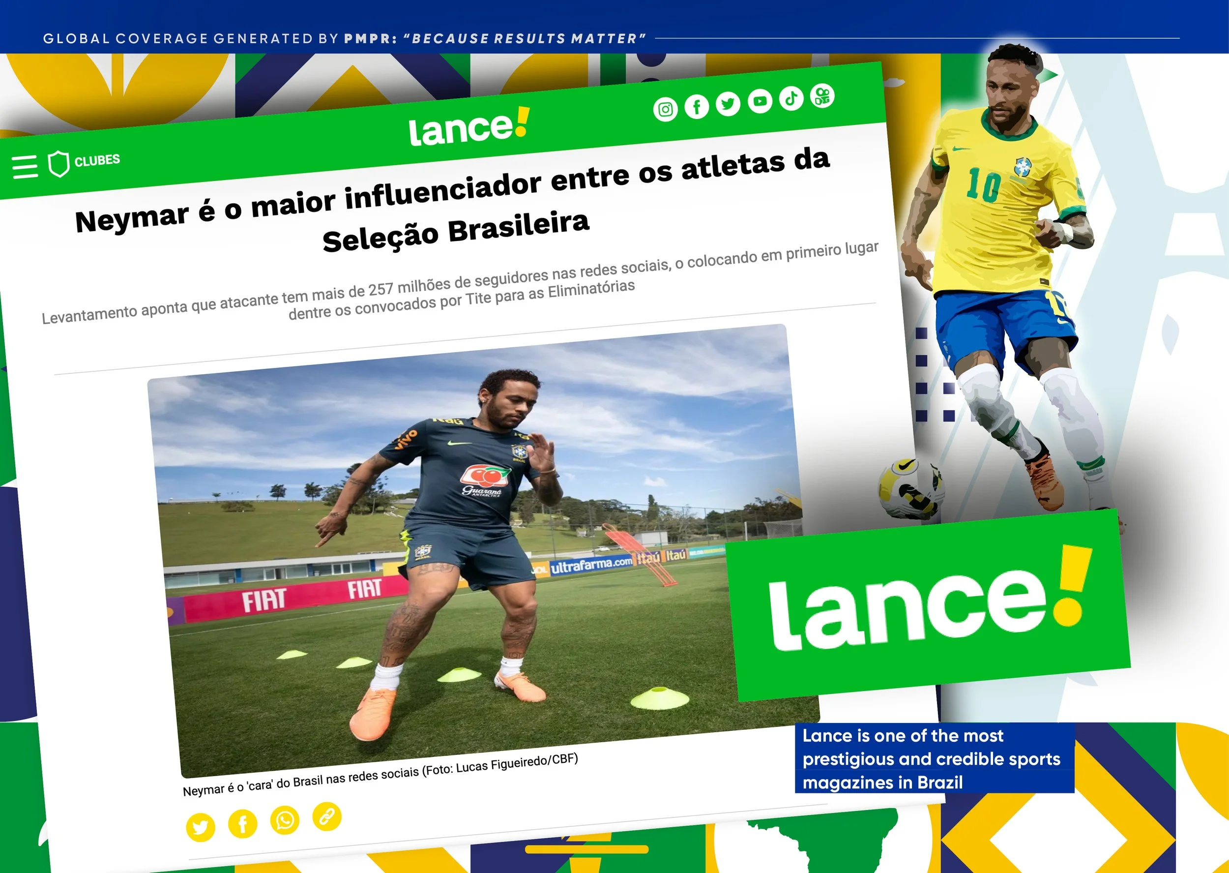 A digital collage featuring a Brazilian soccer player, Neymar, in a training session on a soccer field, wearing a blue jersey and orange shoes, with a headline indicating Neymar as the most influential athlete in Brazil, alongside logos of social med