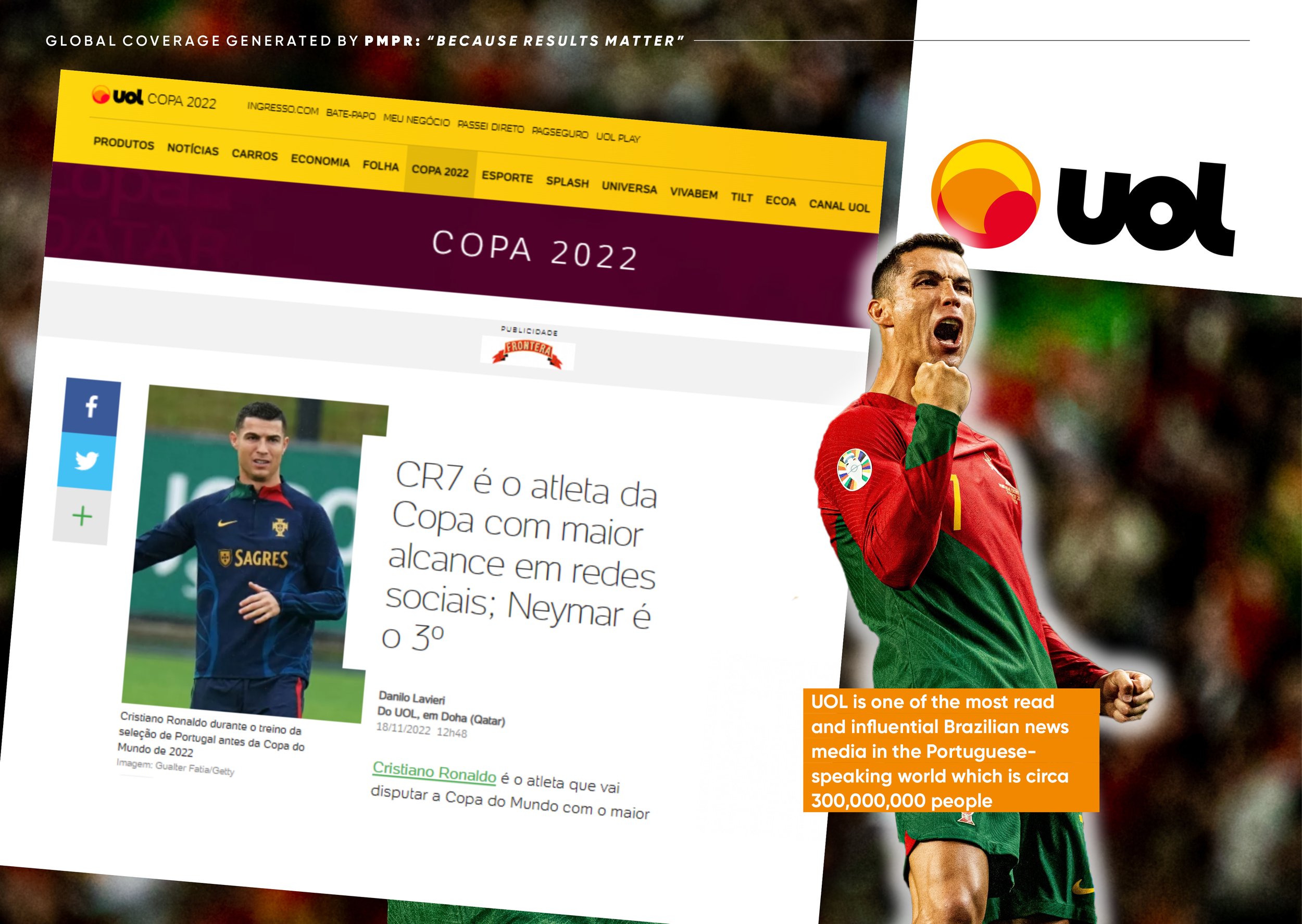 A webpage screenshot featuring news about the 2022 World Cup. It includes images of footballer Cristiano Ronaldo a highlights UOL as a leading Brazilian news outlet.