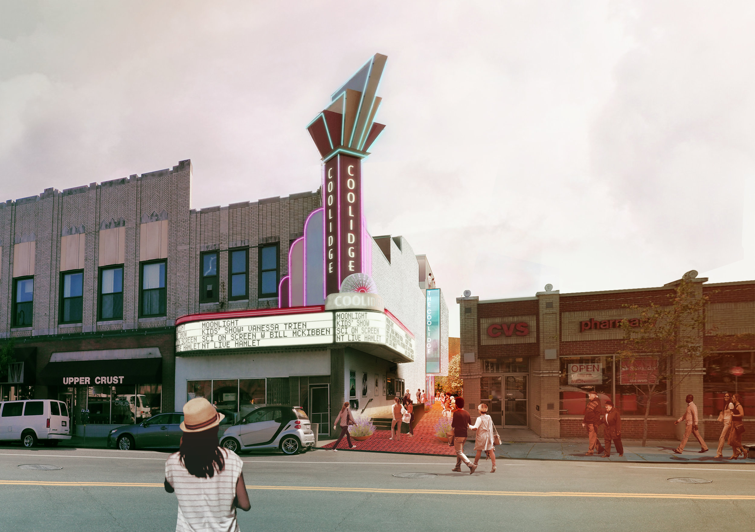 The iconic marquee as seen from Harvard Street, with the building addition beyond 