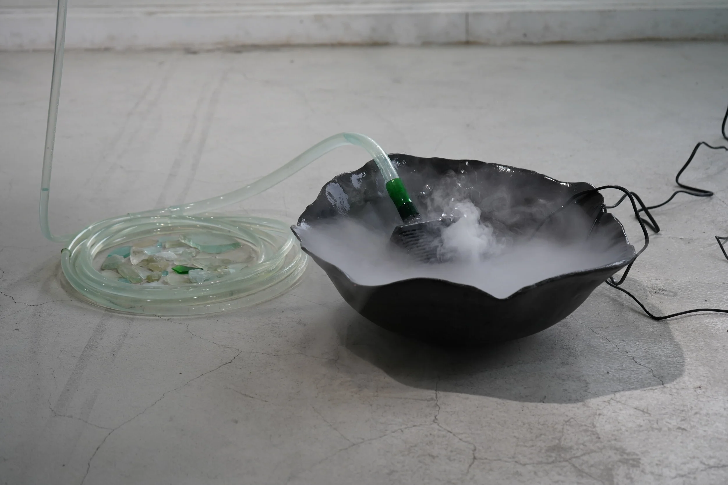  detail: glazed ceramic, water, aquarium pump, mister, silicone hose, river glass 