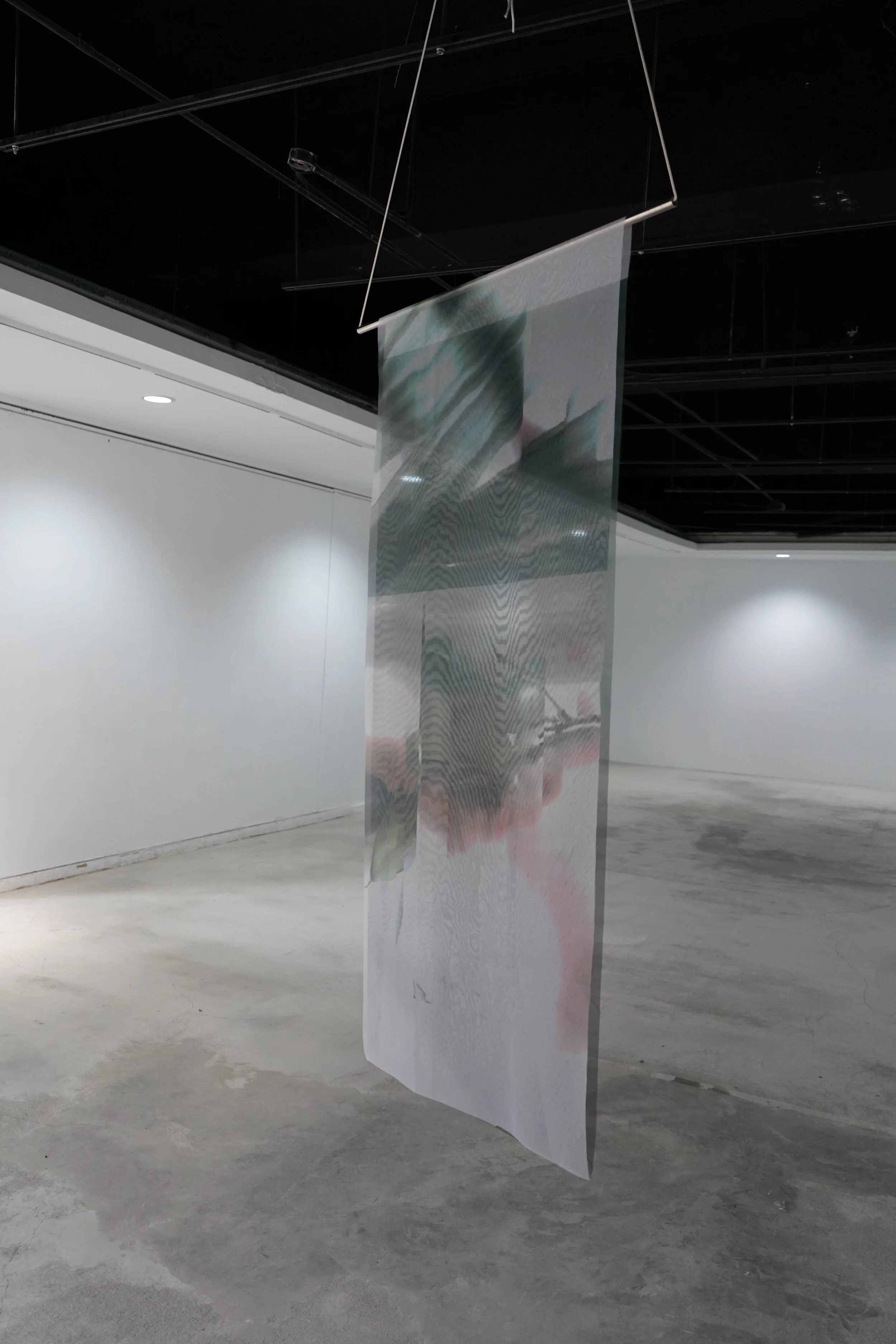   transpiration touch traces,   dye sublimation print on silk, steel rod, rope, hook.   