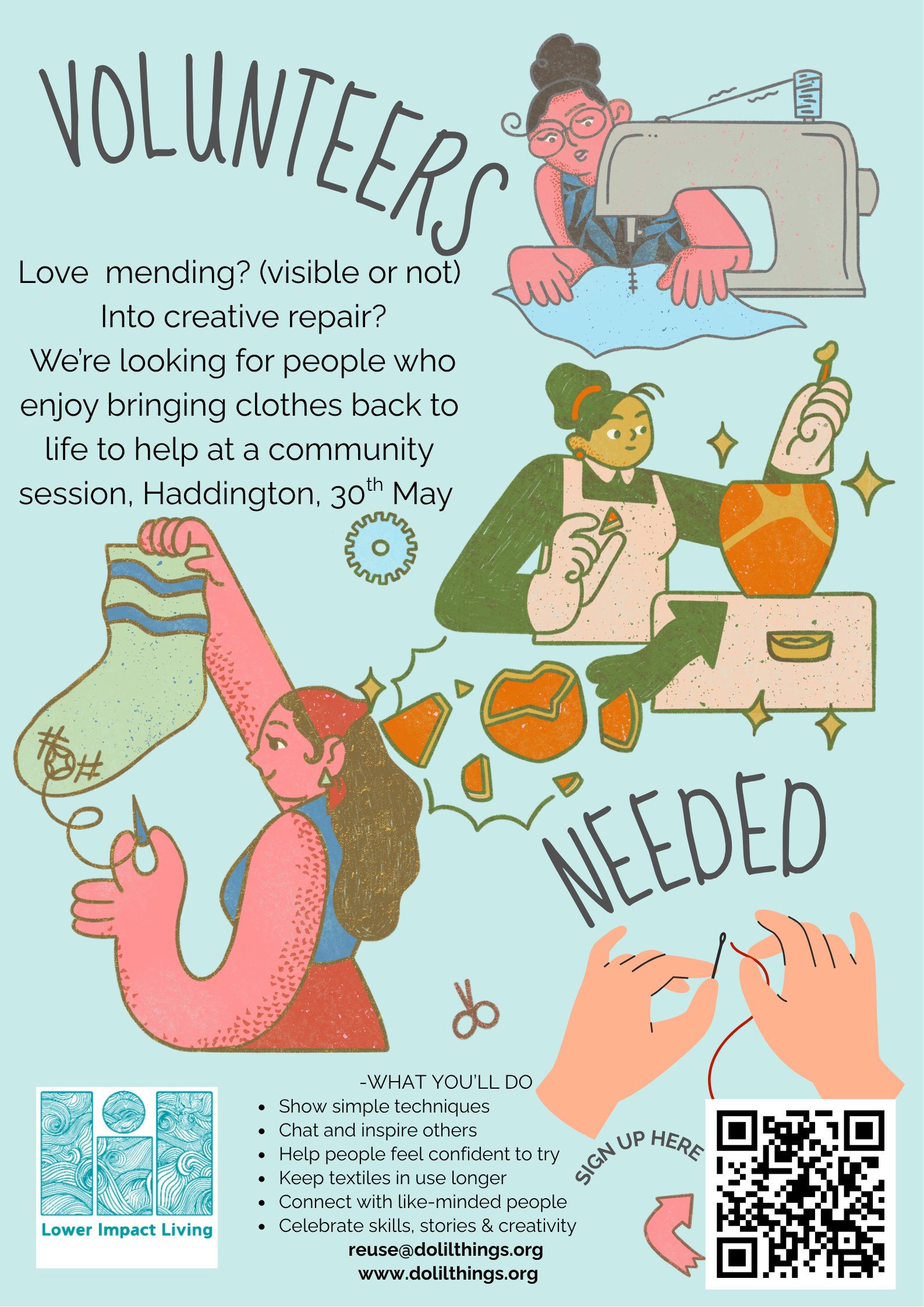 drawing of sewing and mending and a request for volunteers to do these things