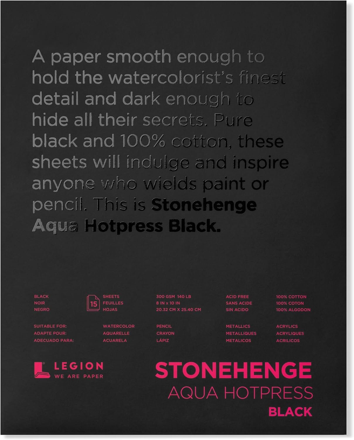 Legion Paper StoneHenge Aqua Hot-Press Pad Black 300gsm 9x12in 15 sheets
