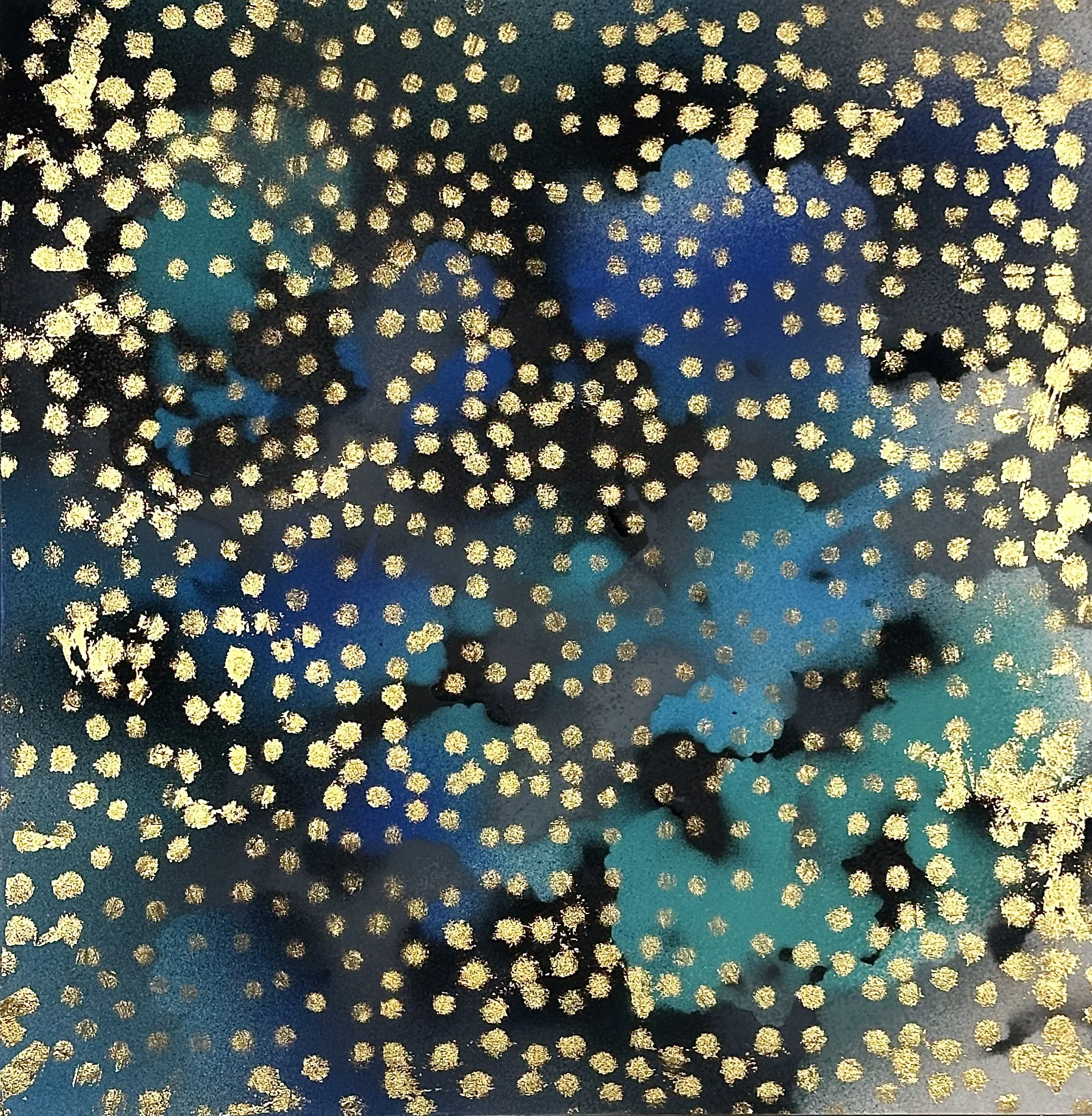 "Evening," acrylic spray paint and gold leaf on wood panel, 12 x 12," 2025, $1500