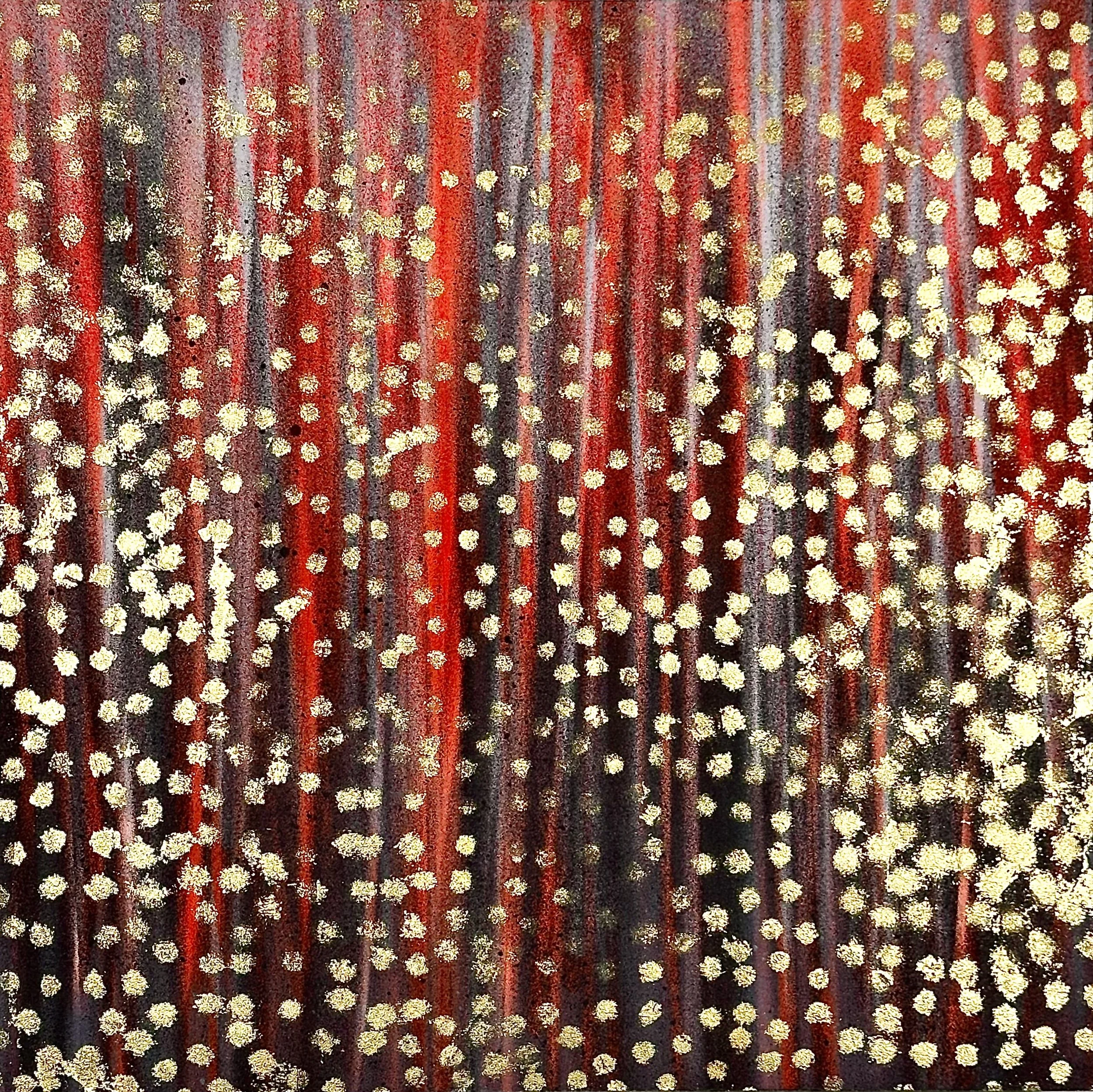 "Flame," acrylic spray paint and gold leaf on wood panel, 12 x 12," 2025, $1500