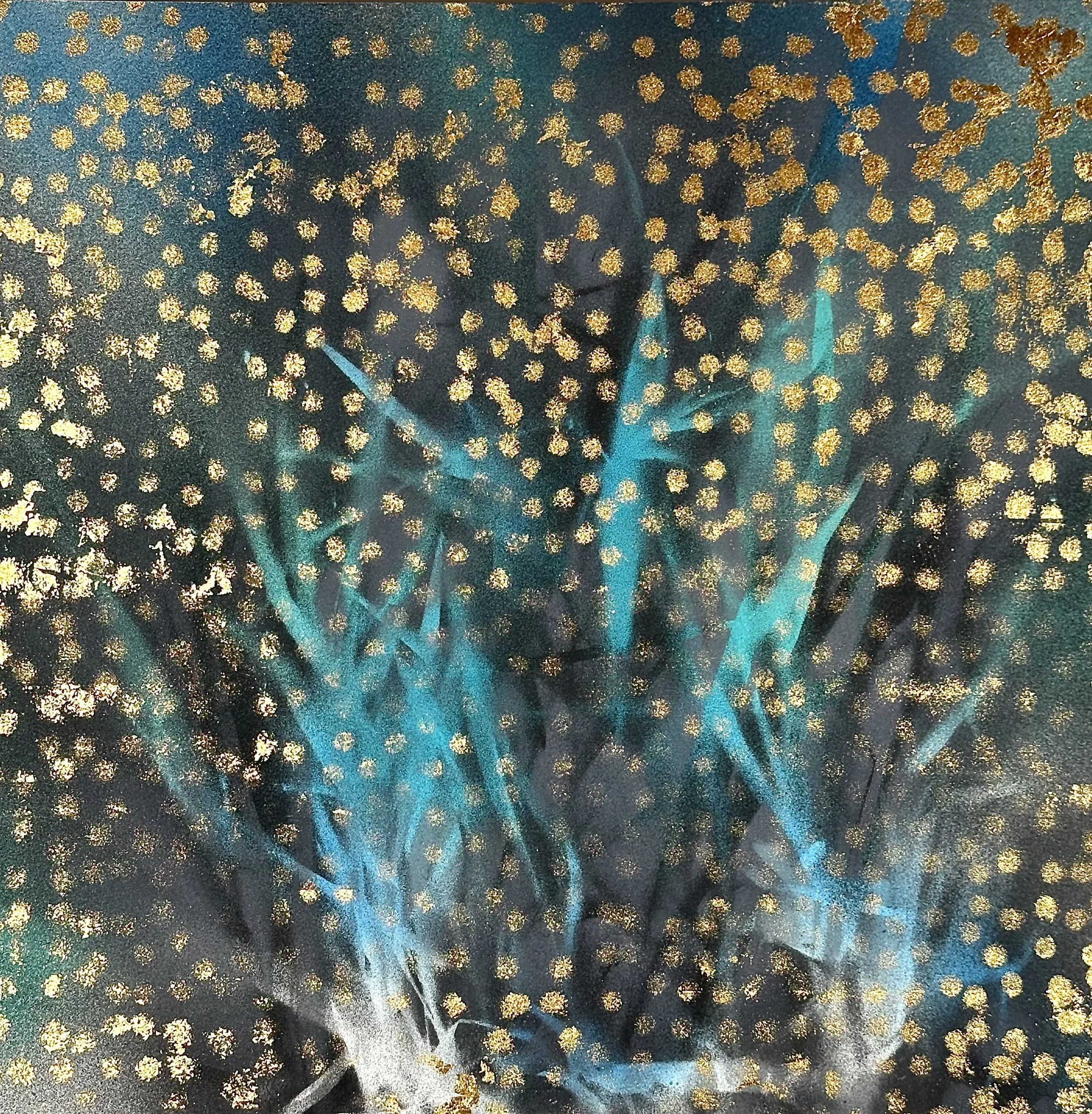 "Blue Flame", acrylic spray paint on wood panel, 12 x 12," 2025, $1500