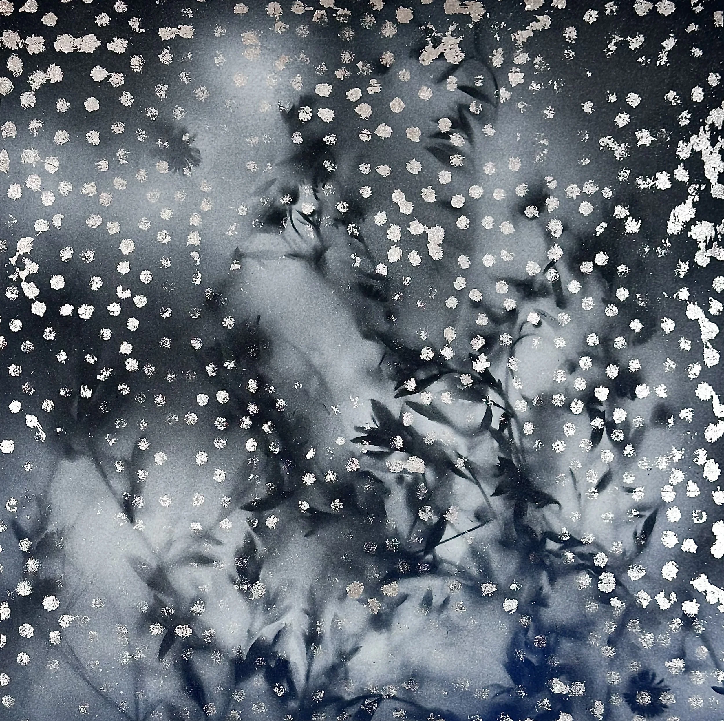 "Evening Mist," acrylic spray paint and silver leaf on wood panel, 12 x 12," $1500