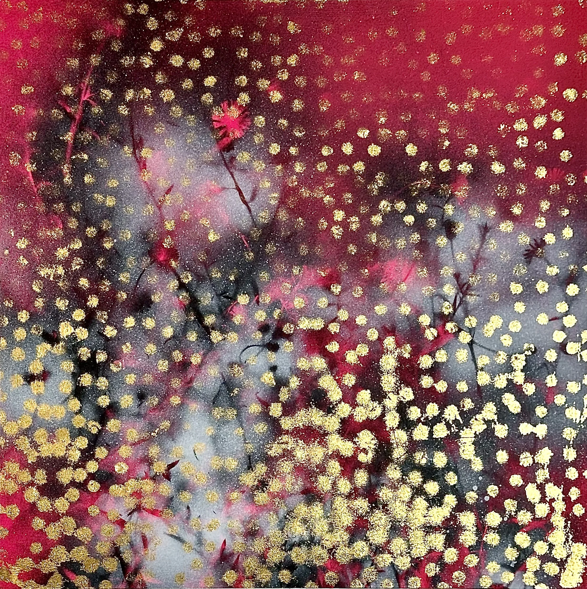 "Dawn," acrylic spray paint and gold leaf on wood panel, 12 x 12," 2025, $1500