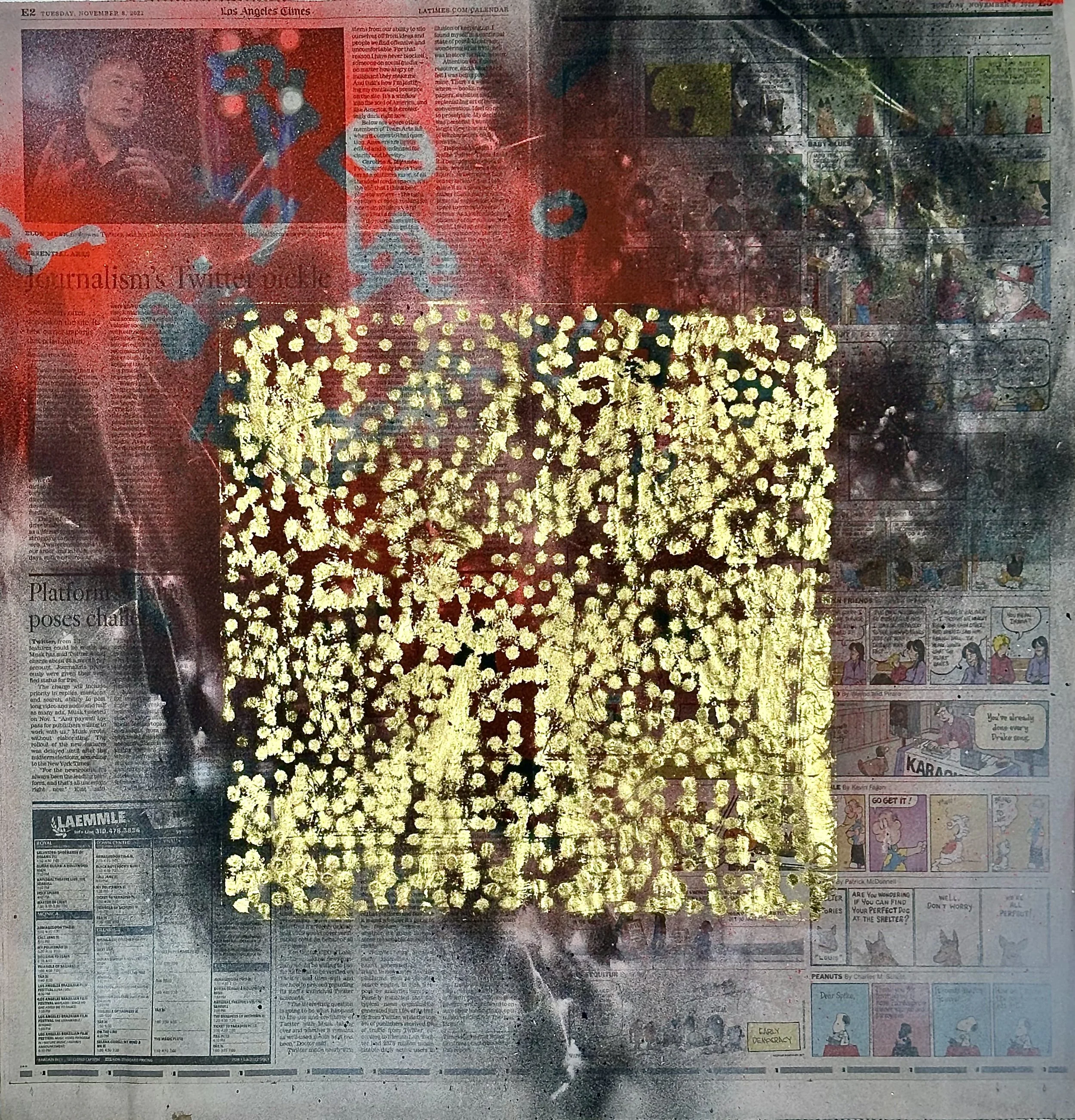 "Squared," acrylic spray paint and gold leaf on archival treated newspaper, 22 x 23," 2024, $1400