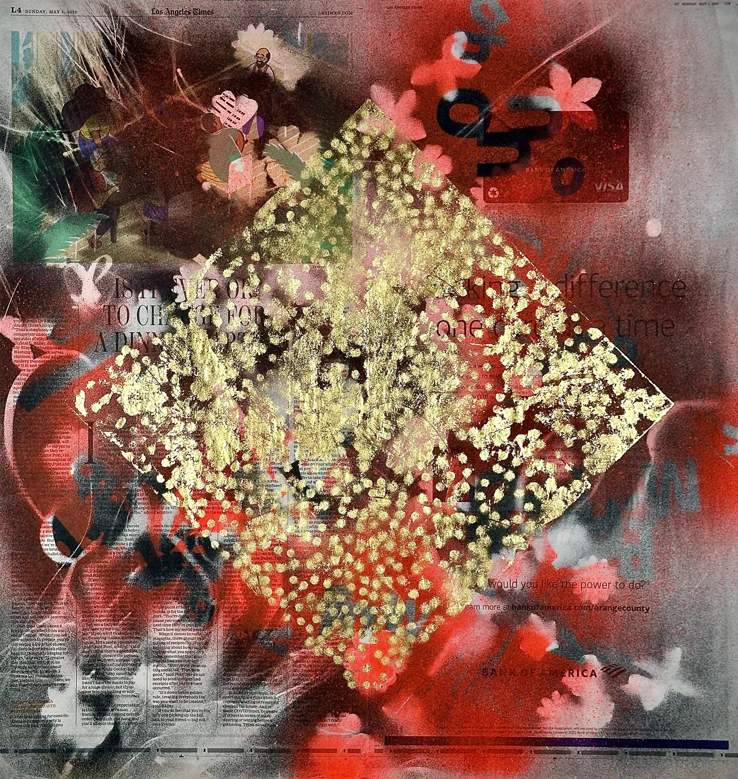 "Tilt," acrylic spray paint and gold leaf on archival treated newspaper, 22 x 23," 2024, $1400