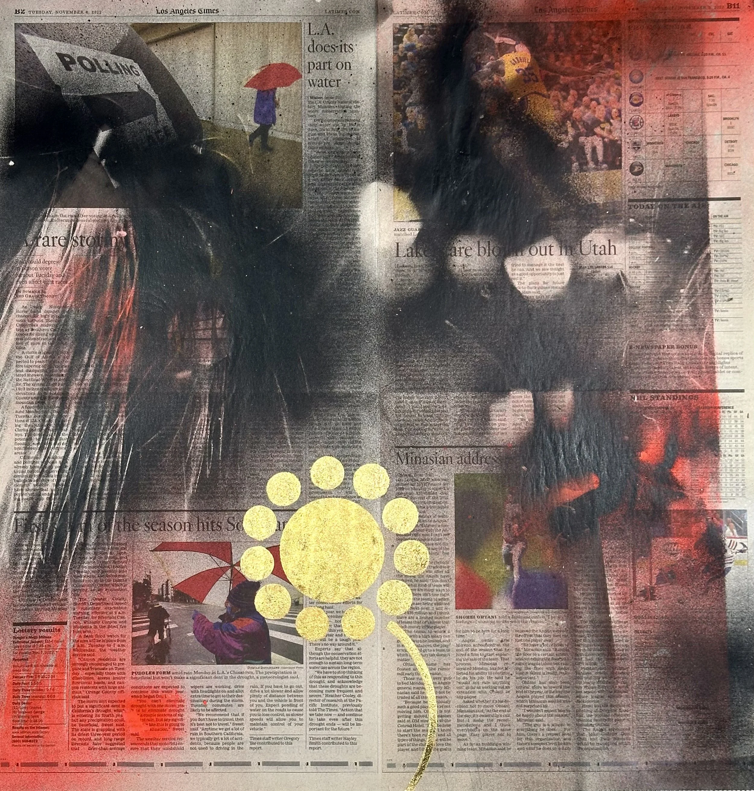"Flower Power," acrylic spray paint and gold leaf on archival treated newspaper, 22 x 23," 2024, $1400