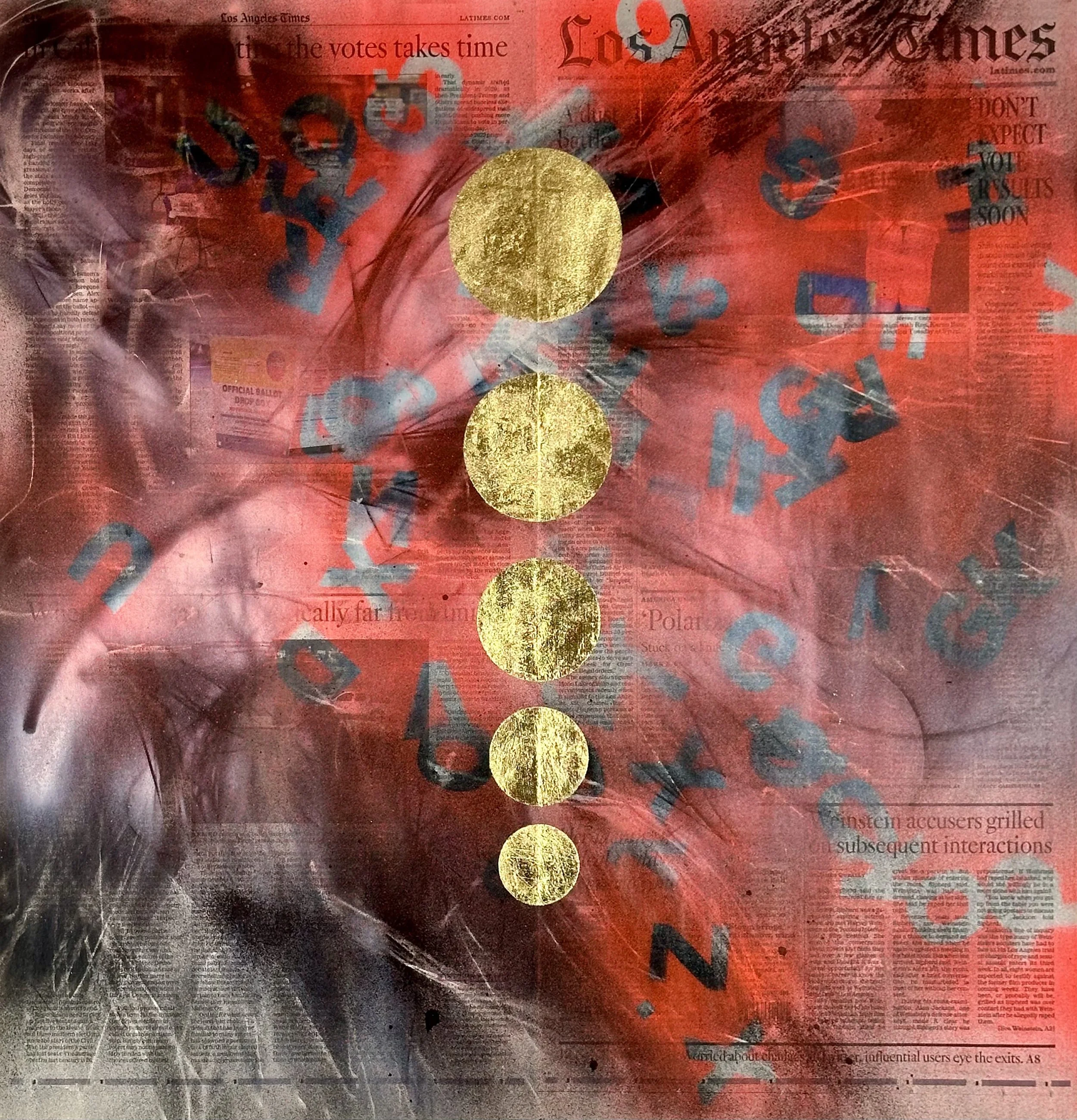 "Rising," acrylic spray paint and gold leaf on archivally treated newspaper, 22 x 23," 2025, $1400