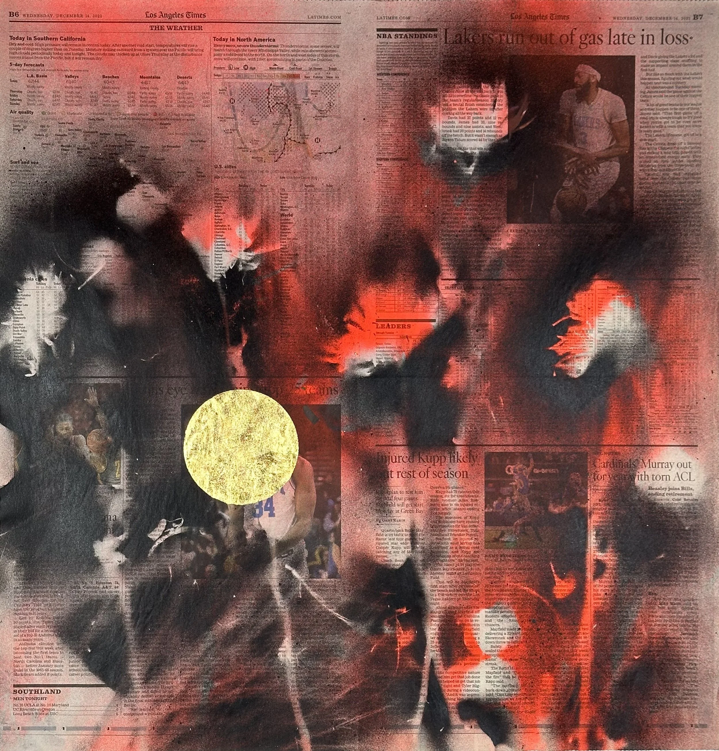 "Wolf Moon," acrylic spray paint and gold leaf on archivally treated newspaper, 22 x 23," 2025, $1400