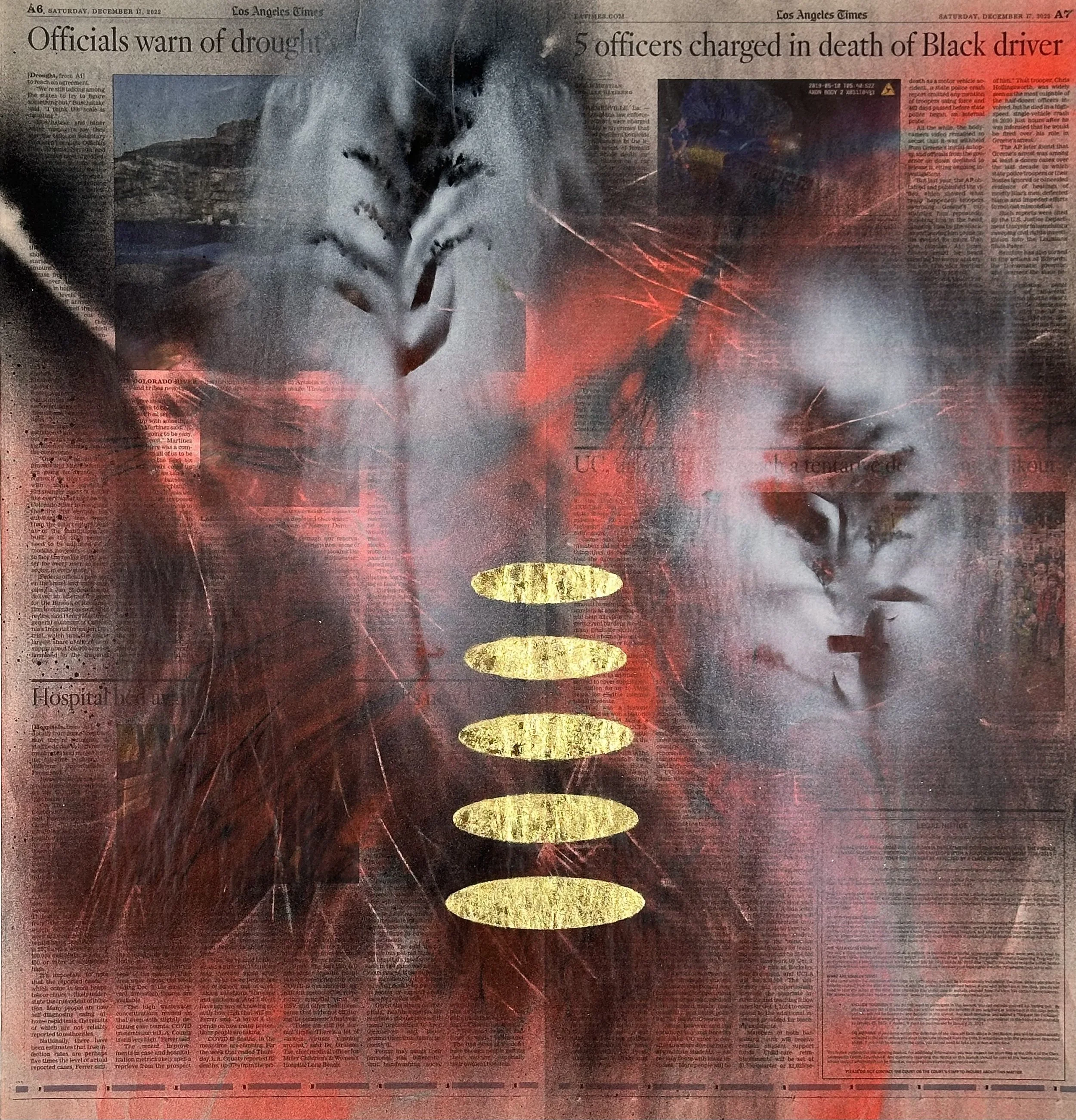 "Life after Death," acrylic spray paint and gold leaf on archival treated newspaper, 22 x 23," 2024, $1400