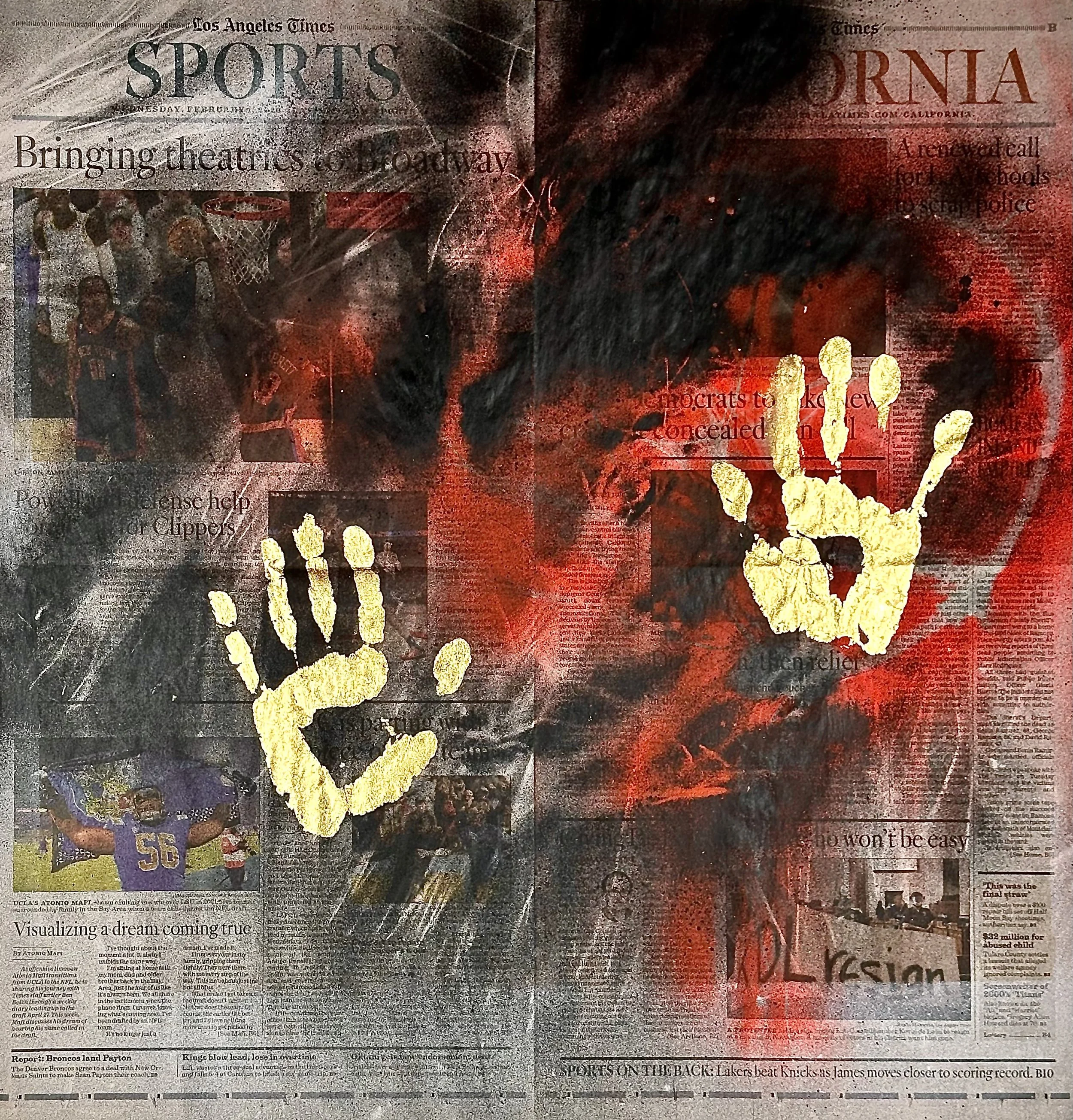 "Hands Up," acrylic spray paint and gold leaf on archival treated newspaper, 22 x 23," 2024, $1400Th