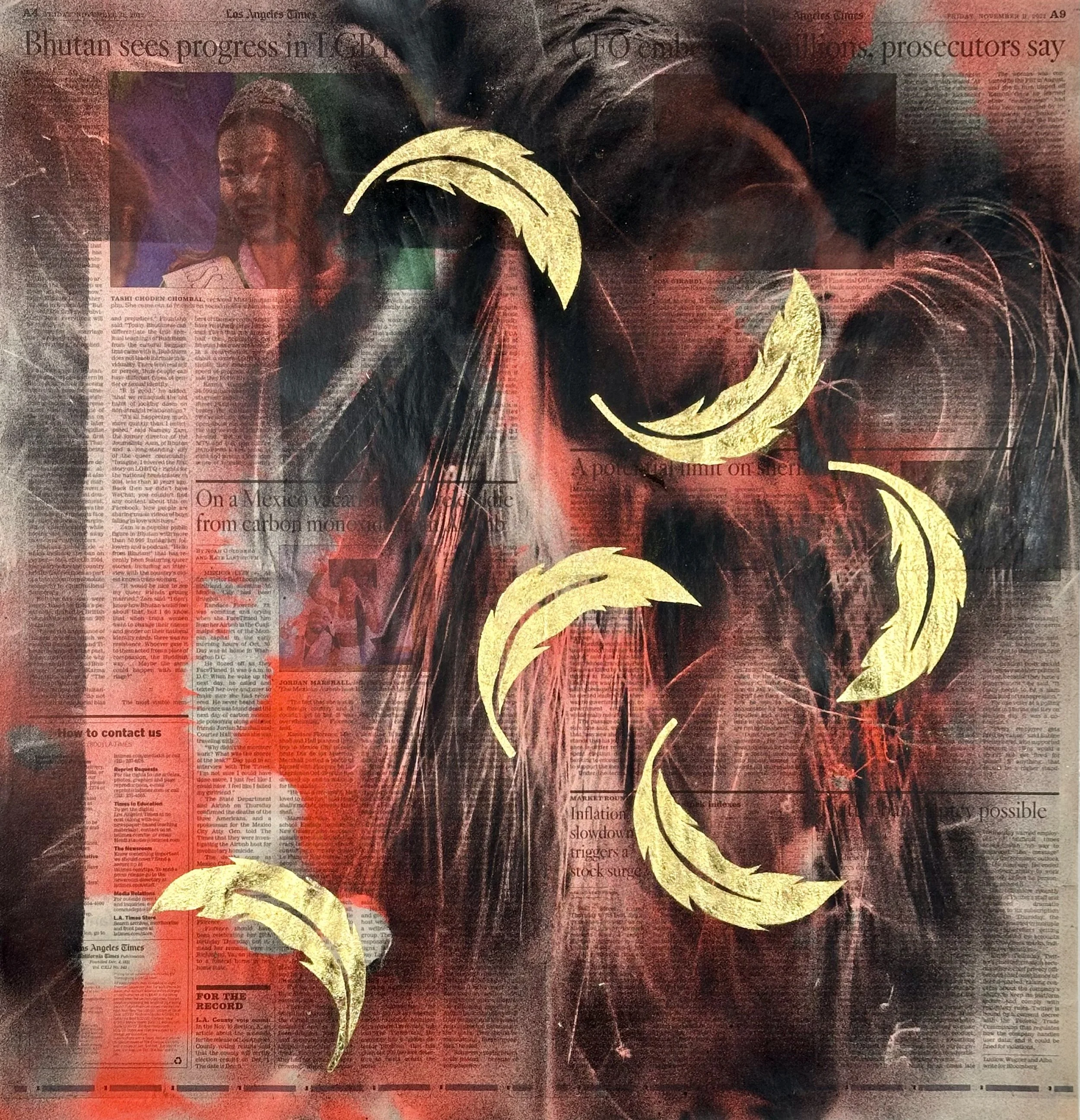 "Soft Fall," acrylic spray paint and gold leaf on archival treated newspaper, 22 x 23," 2025, $1400