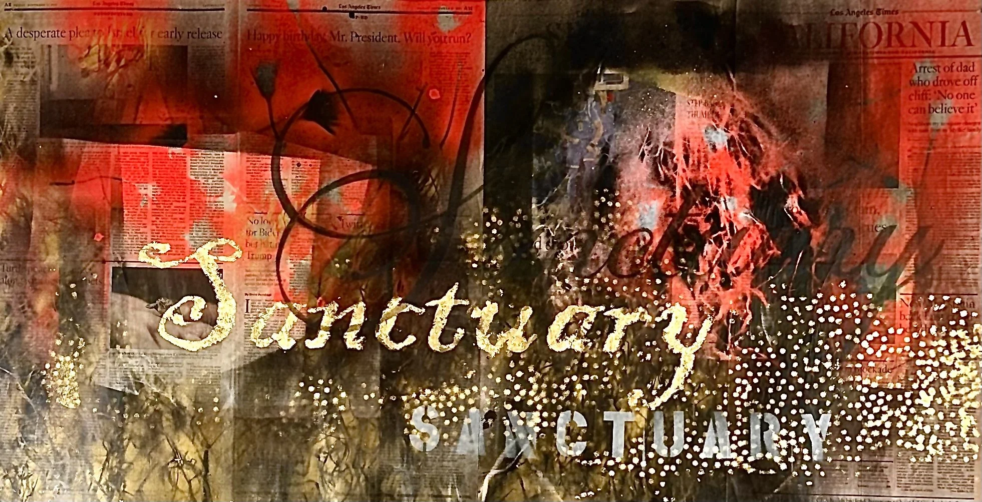 "Sanctuary," acrylic spray paint and gold leaf on archival treated newspaper, 23 x 45," 2025, $2500